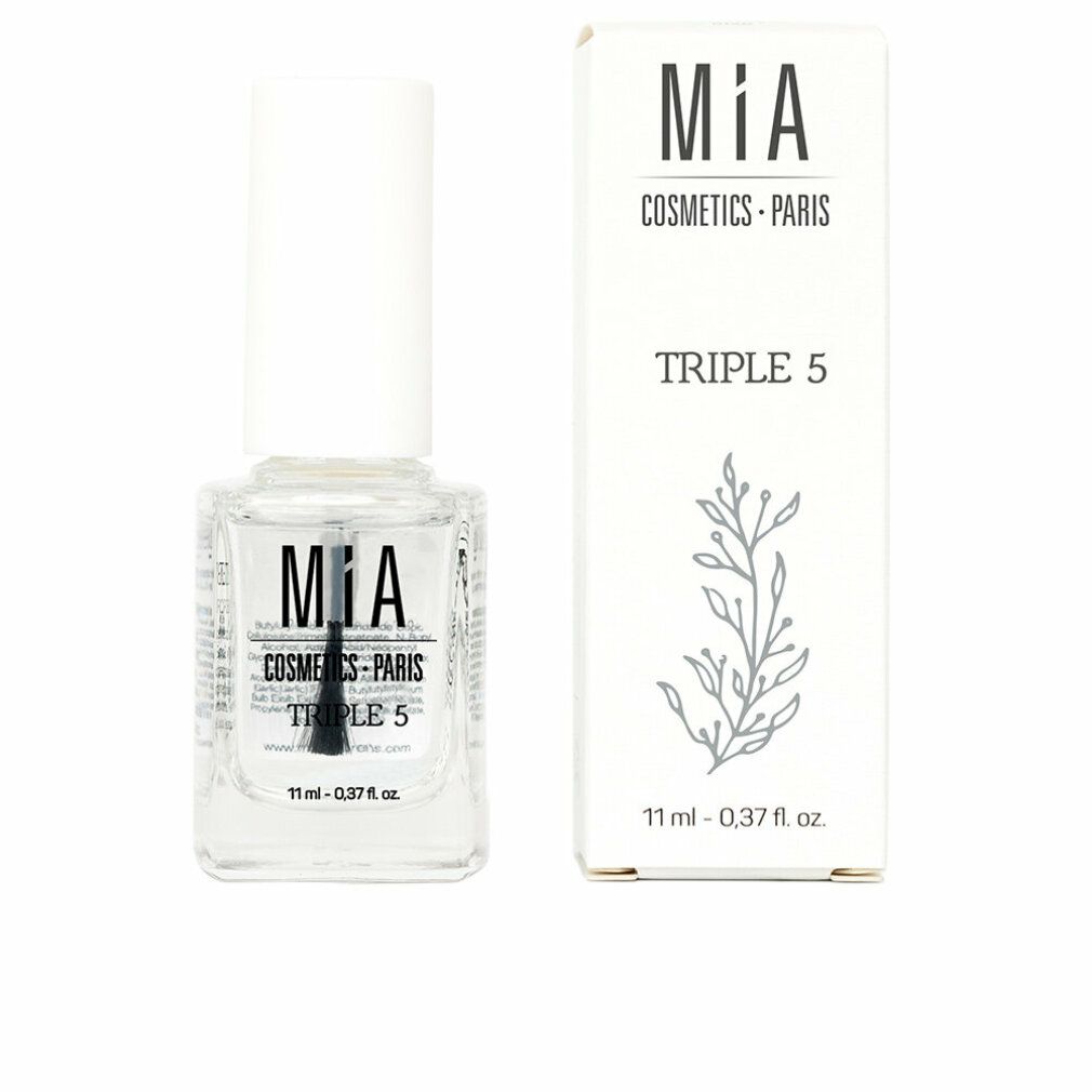 Klare Nagellackflasche und Schachtel. Aufschrift: Mía Cosmetics Paris, Triple 5. Volumen: 11 ml.