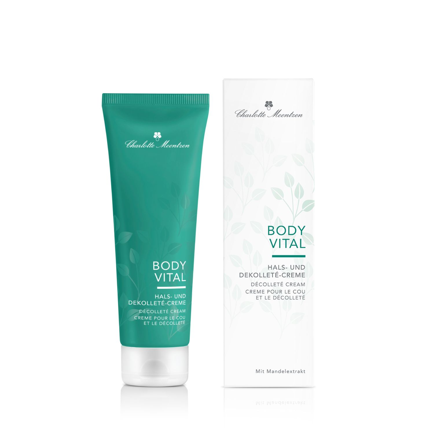 Grüne Tube und Schachtel. Auf der Tube steht "Body Vital Hals- und Dekolletè-Creme". Die Schachtel zeigt den Markennamen und Produktnamen.