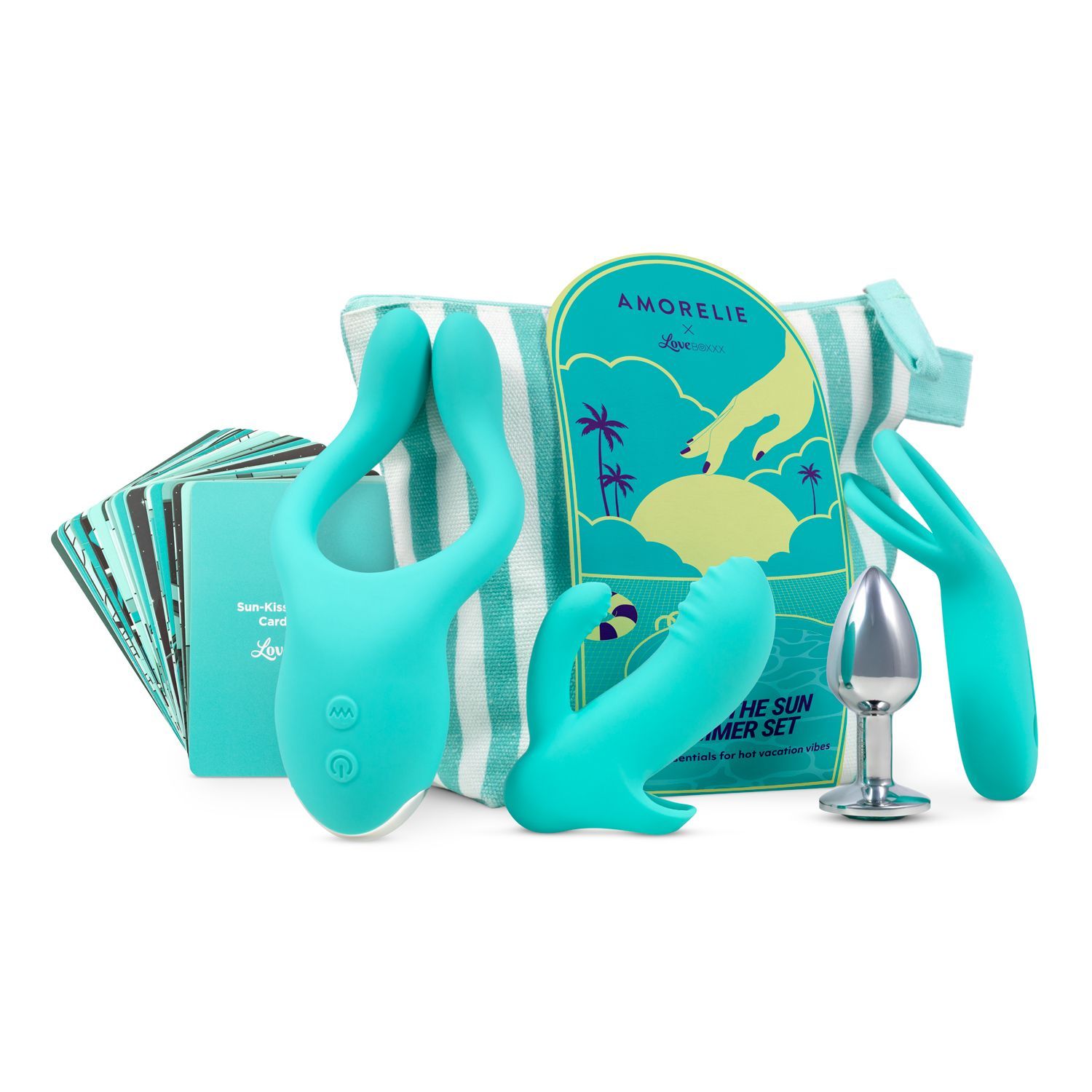 Set mit verschiedenen Sexspielzeugen in Türkis, darunter ein Doppelvibrator, ein Analplug und ein Vibrator. Mit Strandtasche und Karten.