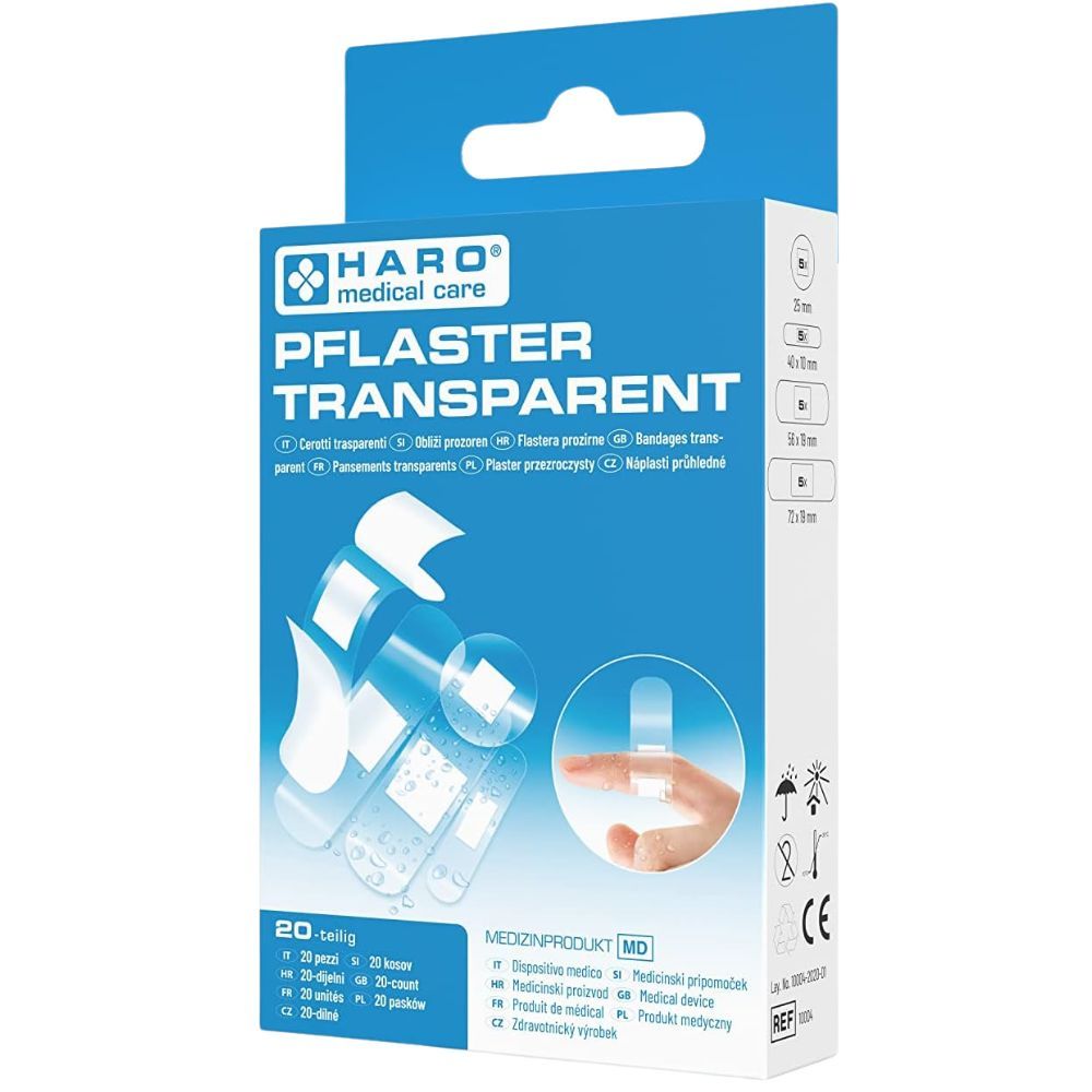Blau-weiße Verpackung mit transparenten Pflastern. Aufschrift: HARO, Pflaster Transparent. 20 Stück. Medizinprodukt. CE-Zeichen.