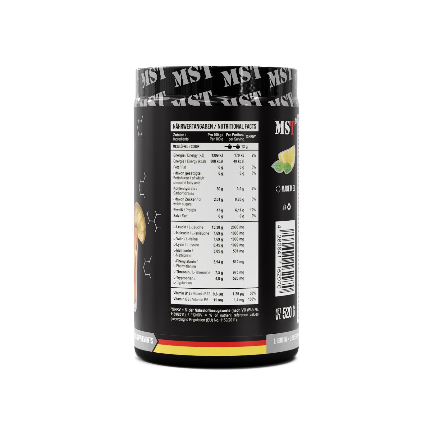 Schwarzer Behälter mit Nährwertangaben und Aminosäureprofil für MST BCAA & EAA.