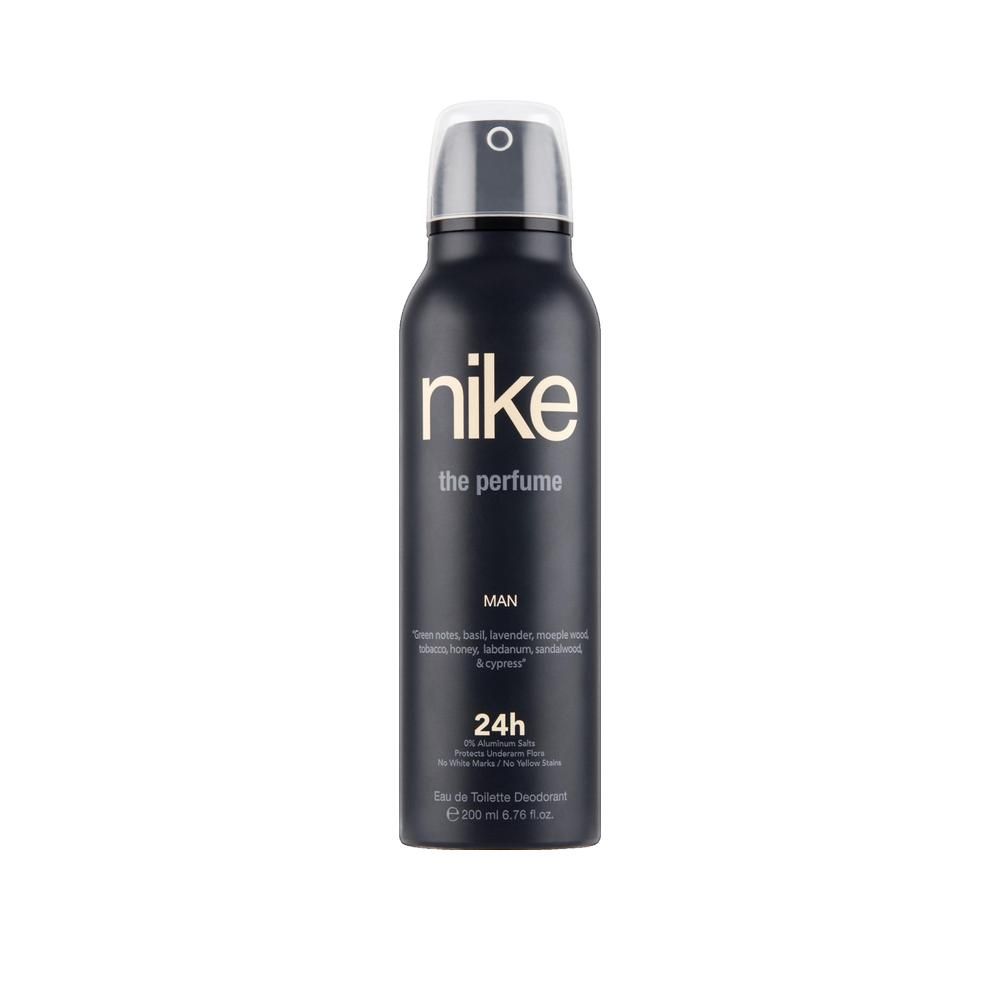 Schwarze Deodorant-Spray-Flasche mit weißem Sprühkopf. Aufschrift: nike the perfume MAN 24h. Inhalt: 200 ml.