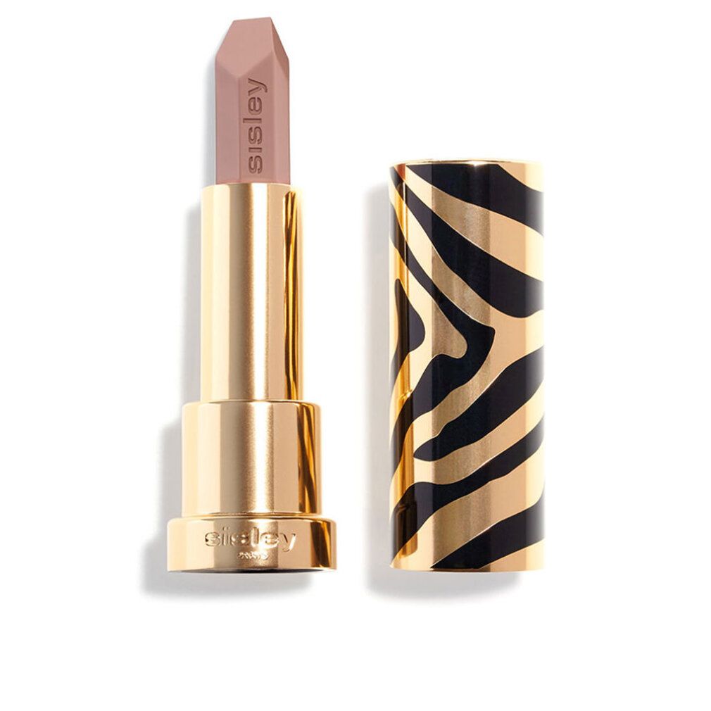 Lippenstift mit beiger Spitze, goldfarbener Hülse und Zebra-Muster. Marke: Sisley. Aufschrift: Sisley Paris.