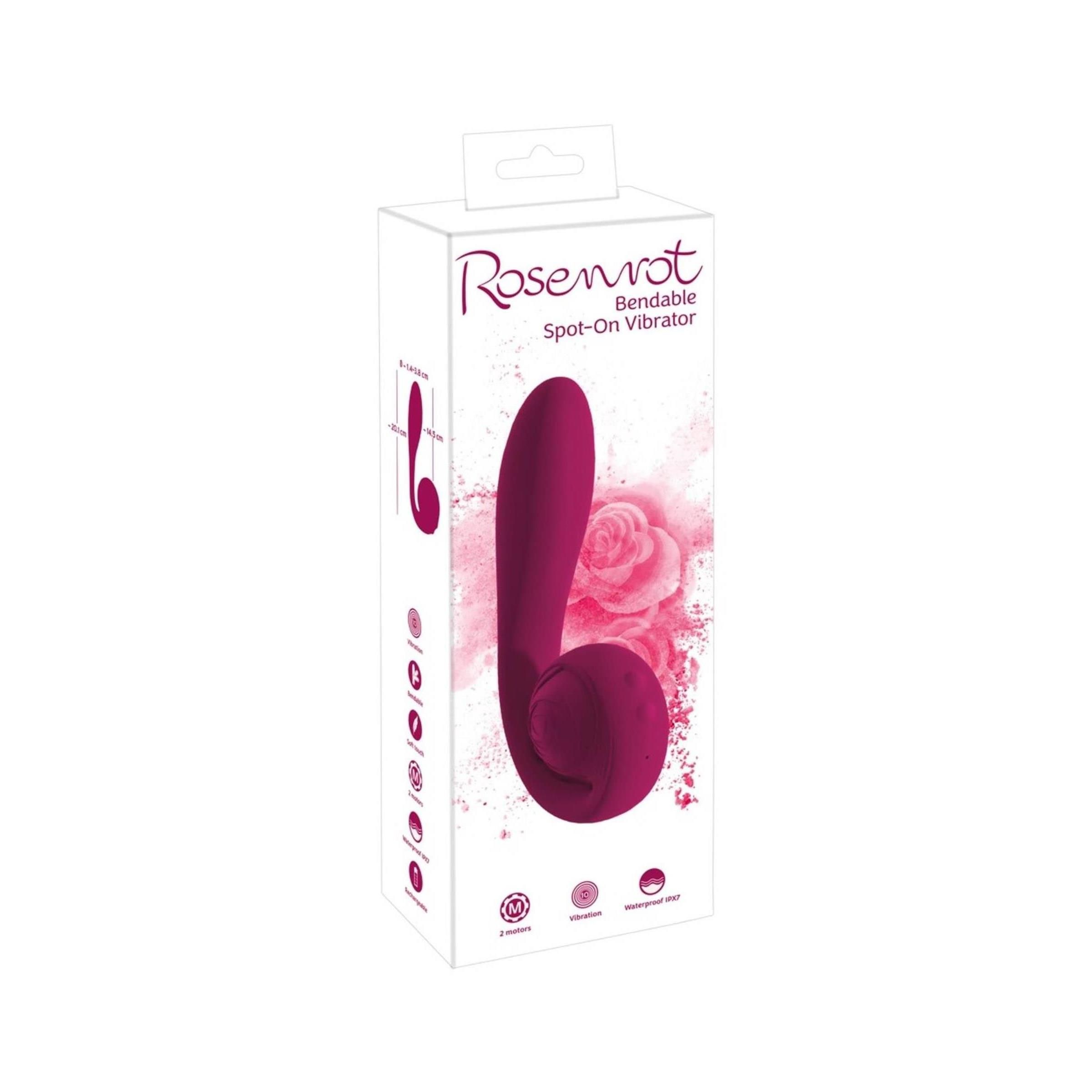 Verpackung mit Produktabbildung. Text: Rosenrot Bendable Spot-On Vibrator. Rosa Vibrator.