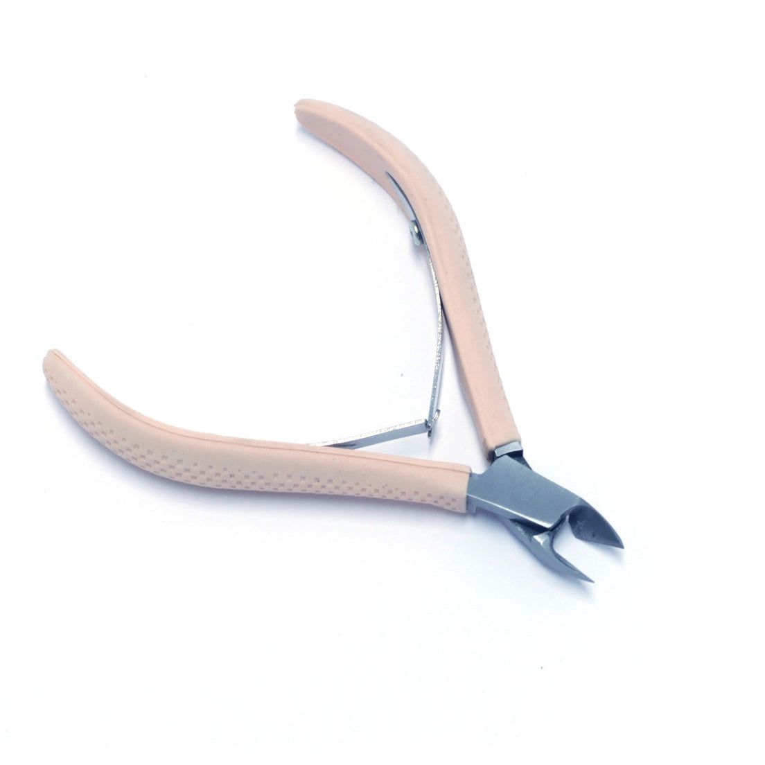 Nagelzange mit Soft-Grip-Griffen. Beige Griffe, silberfarbene Schneide. Auf weißem Hintergrund.