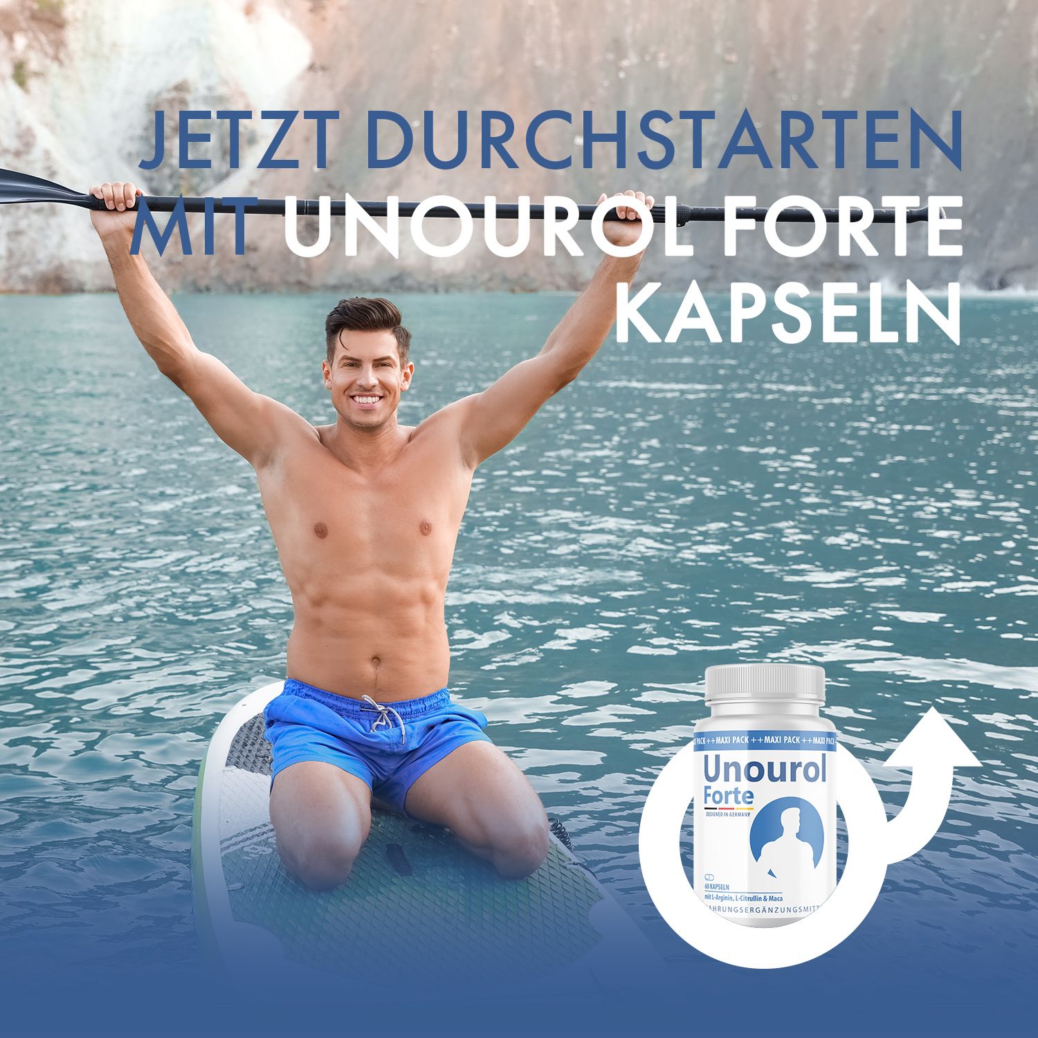 Mann auf Surfbrett im Wasser. Daneben Kapsel-Dose. Text: Jetzt durchstarten mit Unourol Forte Kapseln.