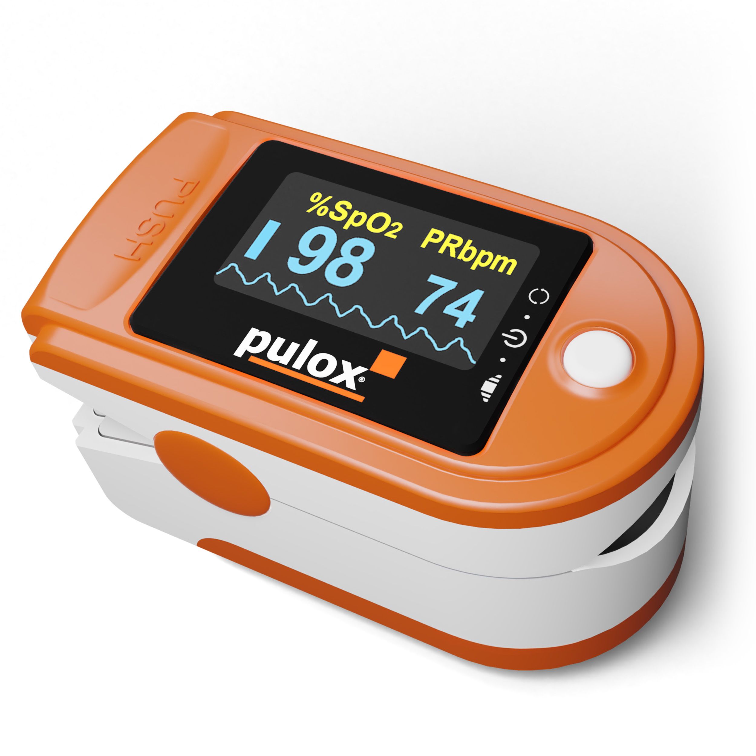 Orangefarbenes Pulsoximeter mit Display. Zeigt SpO2 und PRbpm an. Mit pulox-Logo und Bedienknopf.