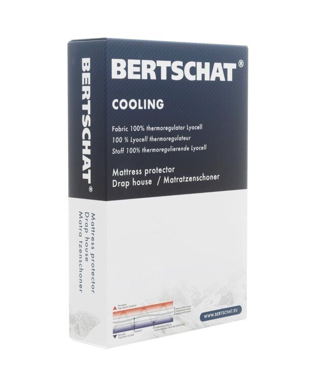 BERTSCHAT® Kühlendes Spannbettlaken Verpackung. Weiß-blaue Box mit Produktinformationen und Logo.