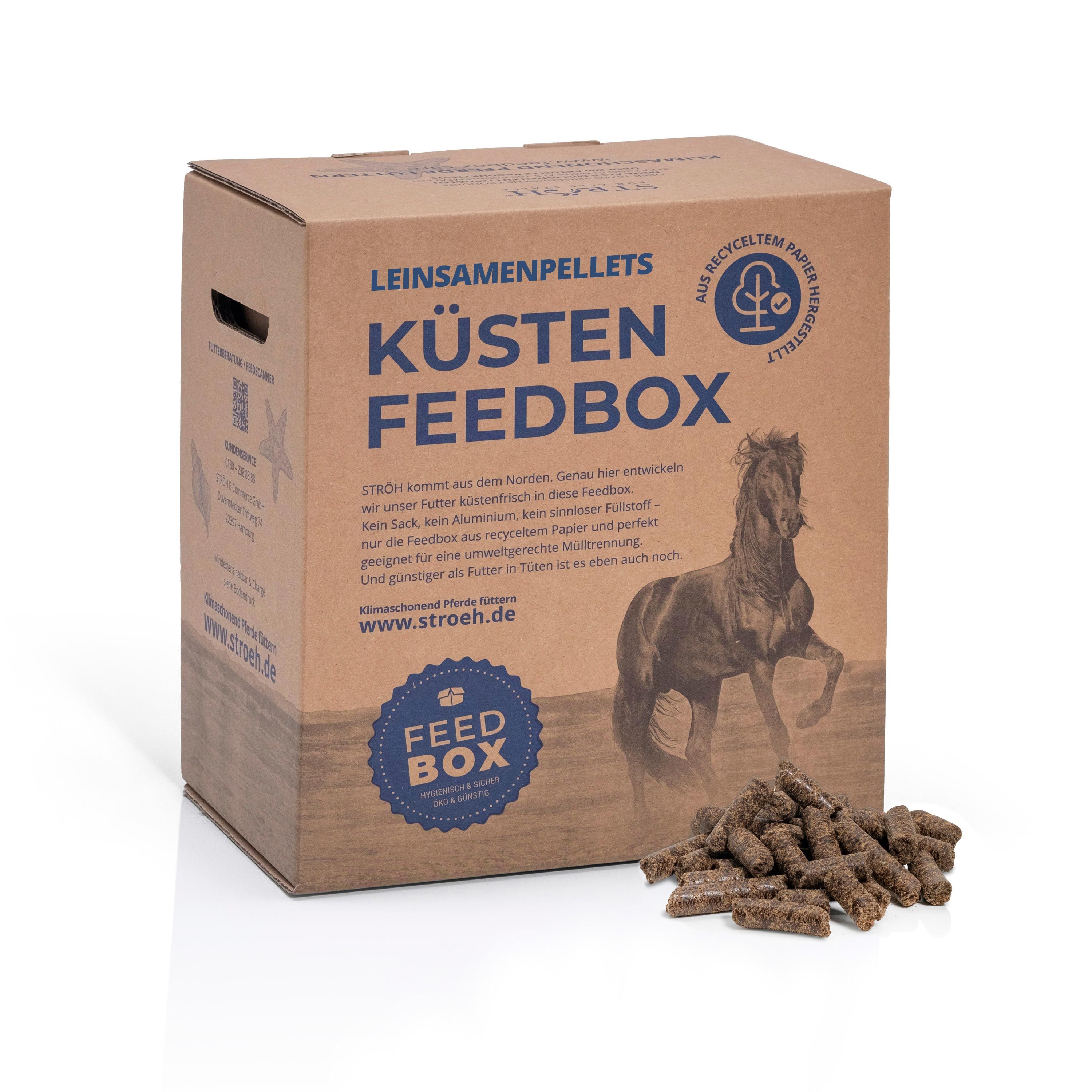 Feedbox mit Leinsamenpellets. Auf der Box steht "KÜSTEN FEEDBOX" und ein Pferdebild. Die Box ist aus recyceltem Papier.
