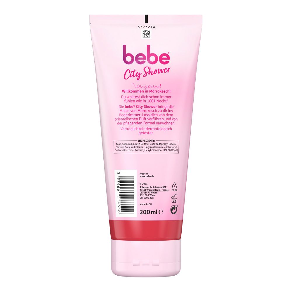 Rückseite der rosa Tube bebe City Shower. Text in Deutsch und Arabisch. 200ml.