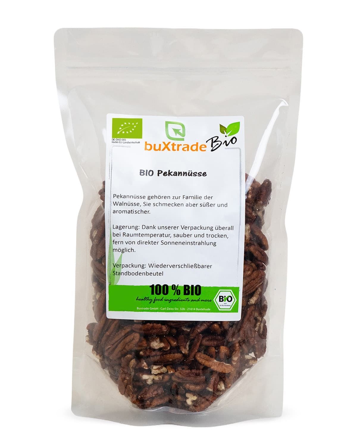 Verpackung mit BIO Pekannüssen, wiederverschließbar, mit Bio-Siegel.