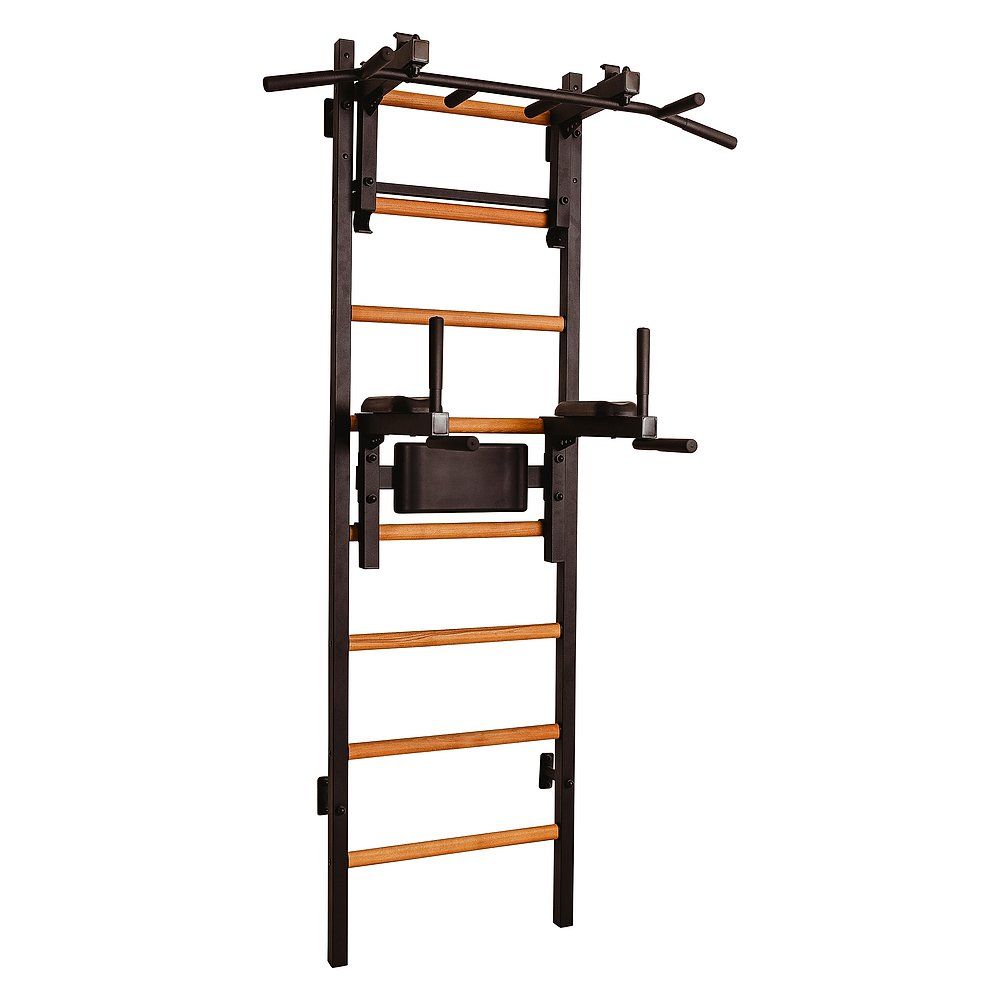 Fitness-System mit Sprossenwand, Klimmzugstange und Dip-Station. Schwarzer Rahmen, Holzsprossen. Für das Training.