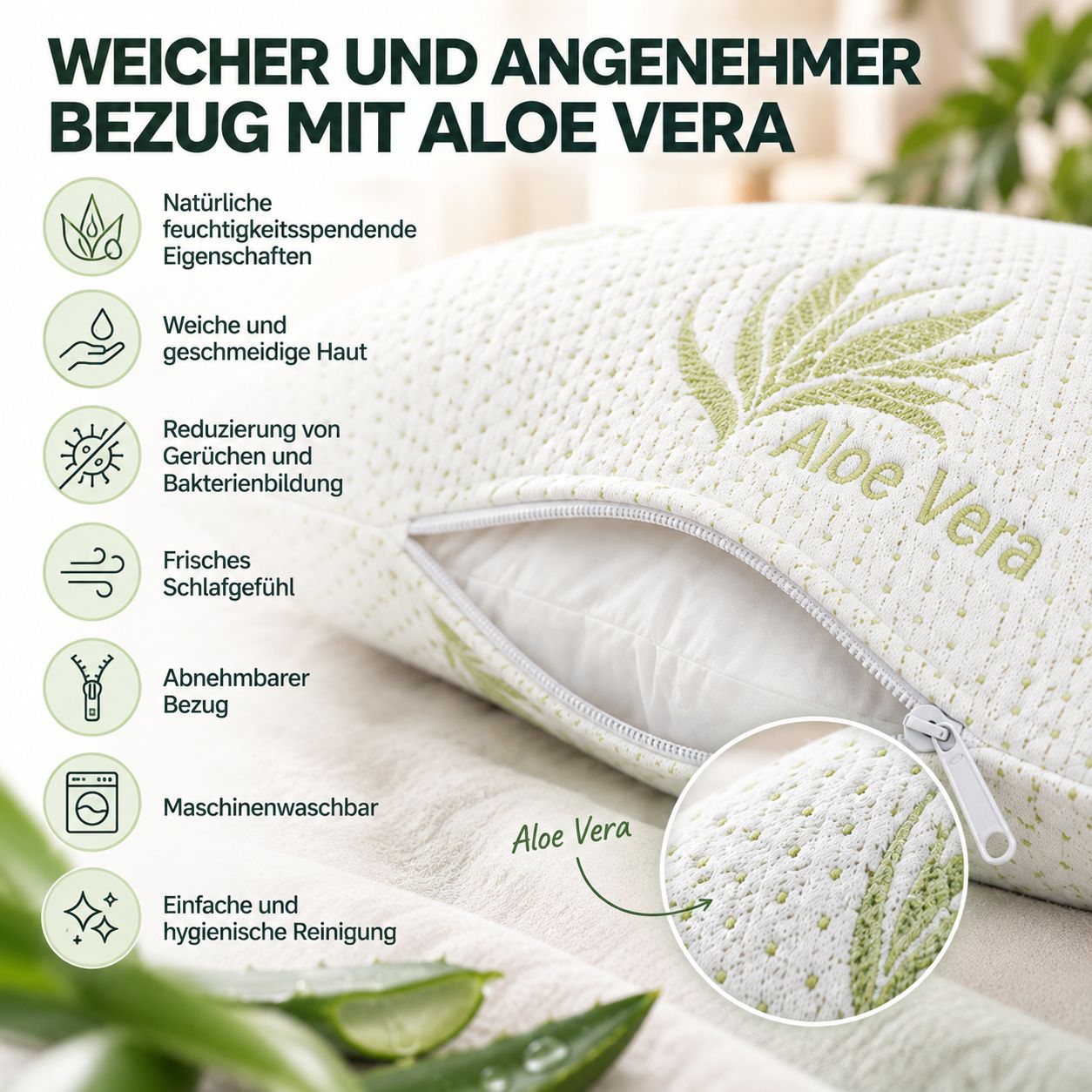 Kissen mit Aloe Vera und Blättern, OEKO-TEX Standard 100 zertifiziert.