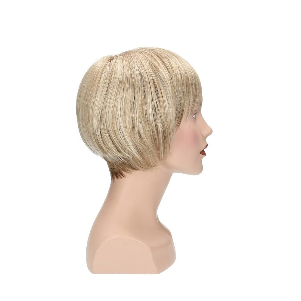 Blonde Perücke mit kurzem Schnitt, Seitenansicht auf einer Büste.