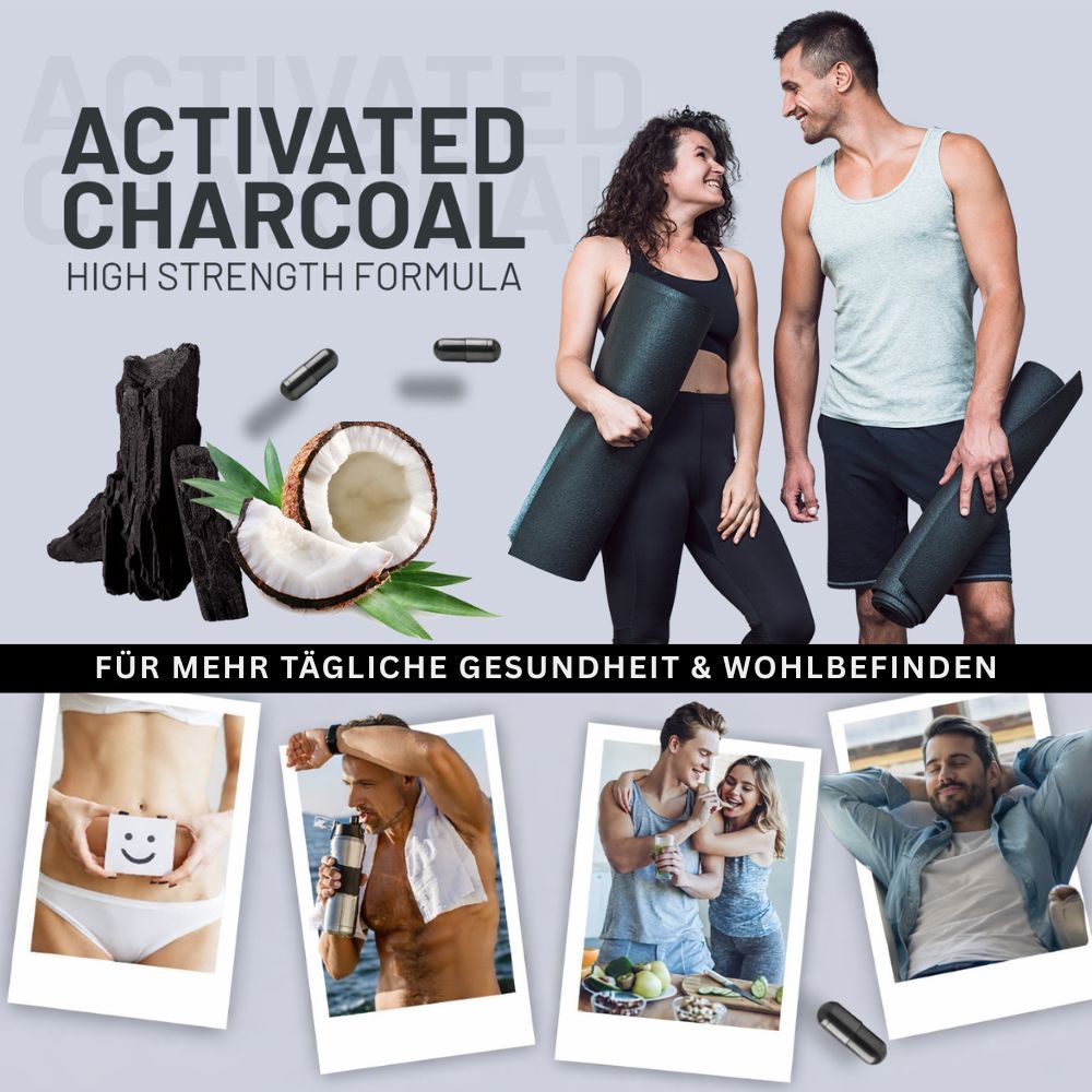 Werbebild mit Menschen und Aktivkohle-Kapseln. Kokosnuss und Holzkohle. Text: Activated Charcoal, Für mehr tägliche Gesundheit & Wohlbefinden.