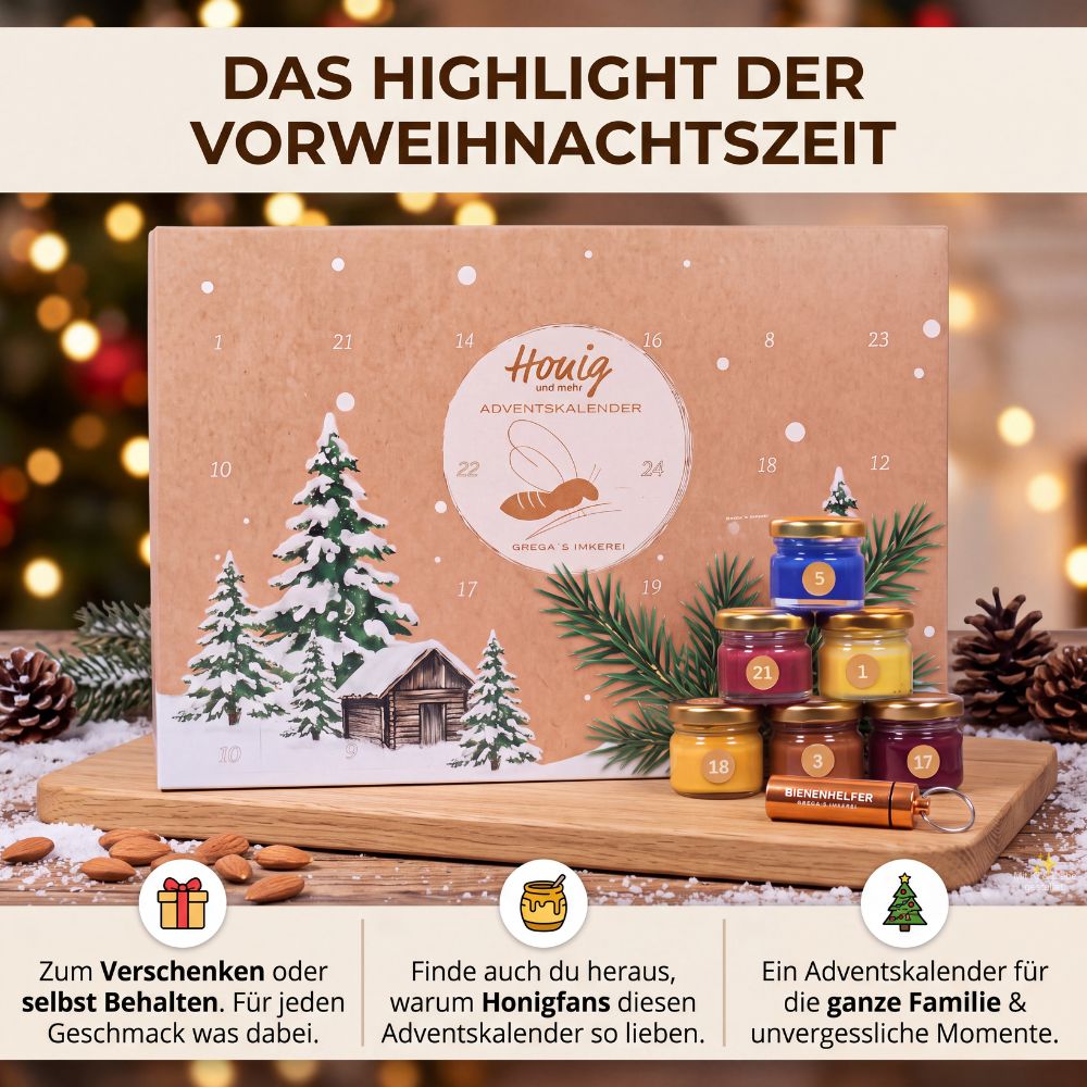 Adventskalender mit 24 Türchen, dekoriert mit Winterwald-Motiv. Kleine Honiggläser sind auf einem Holzbrett arrangiert.