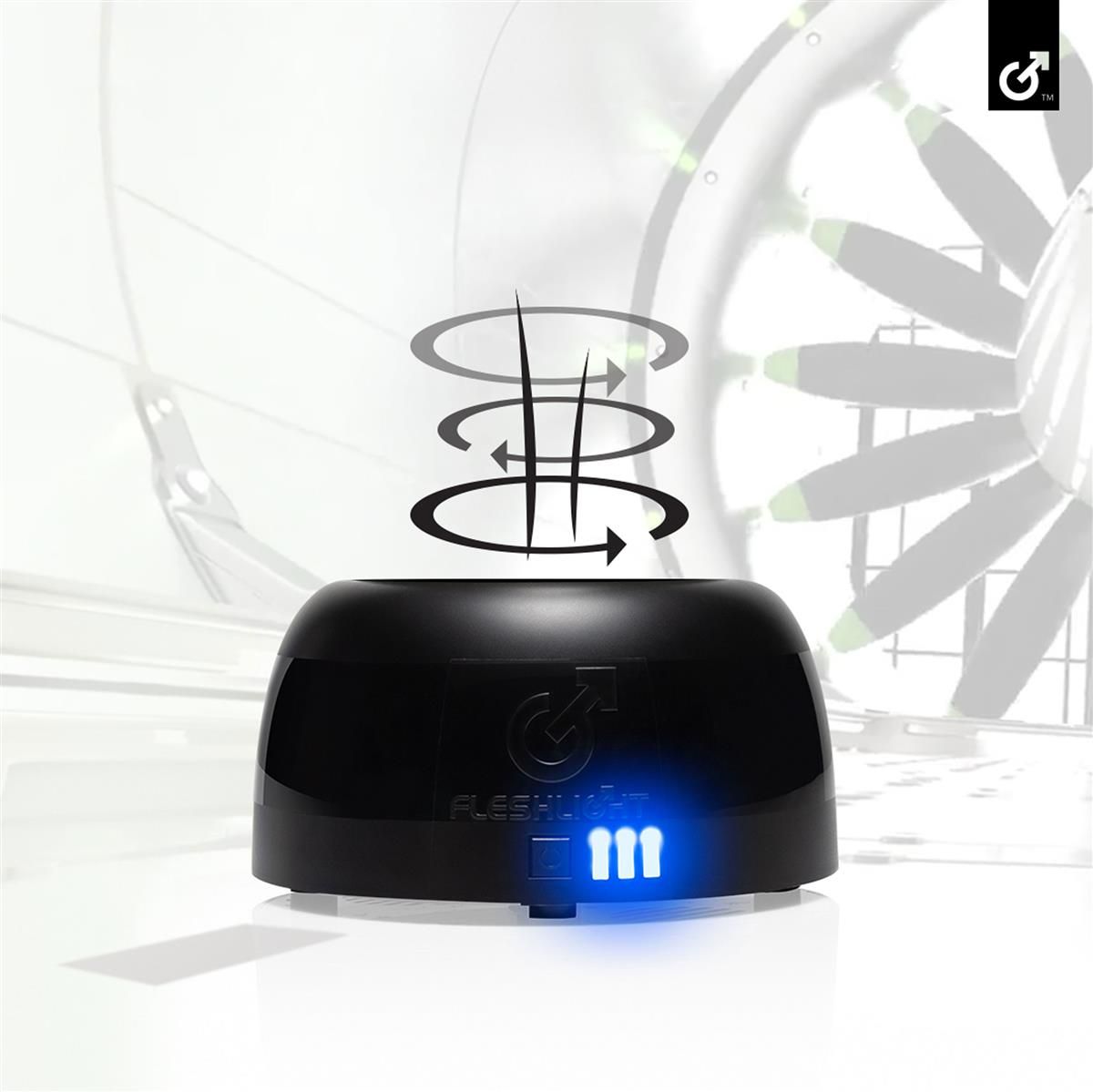 Schwarzes Gerät mit blauen Lichtern. Pfeile zeigen Luftbewegung an. Logo FLESHLIGHT.