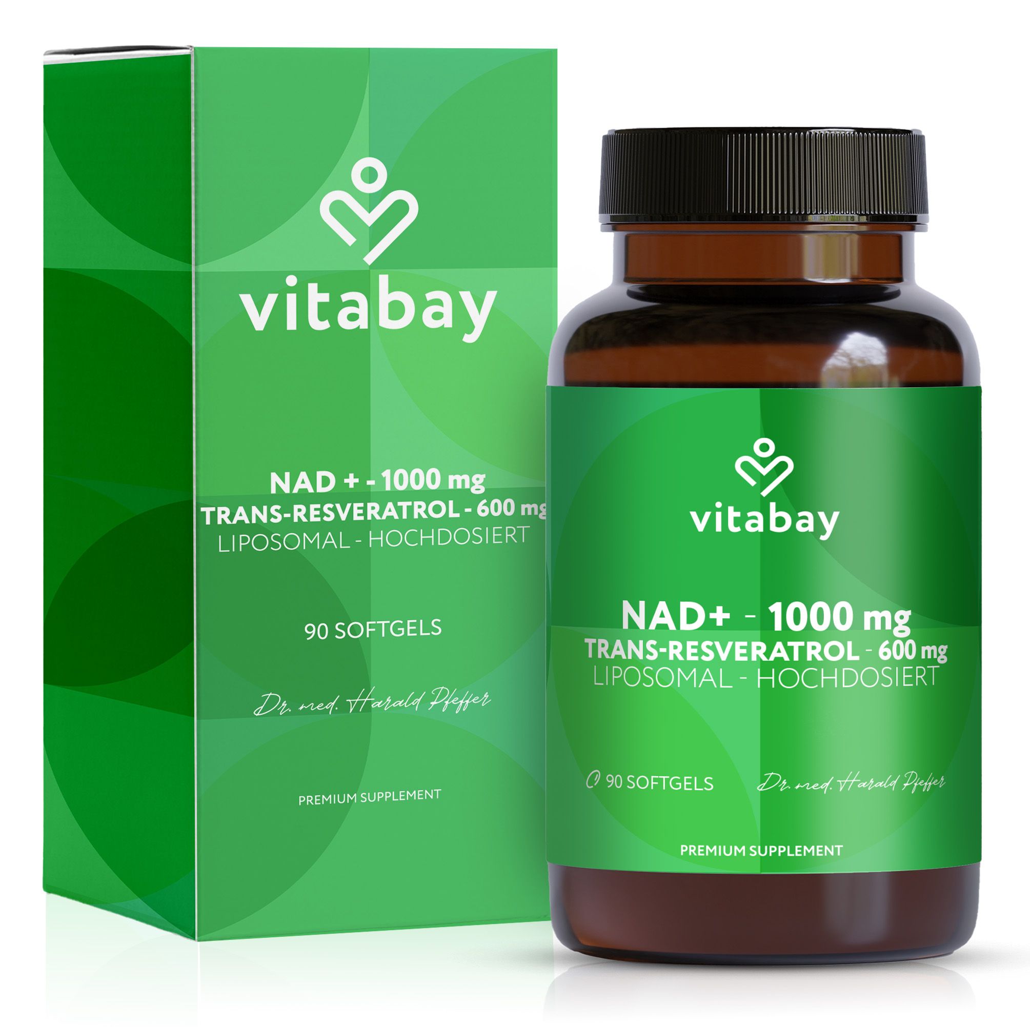 Grüne Verpackung und braune Flasche mit Produktinformationen. Enthält Vitabay NAD+ 1000 mg Trans-Resveratrol 600 mg.