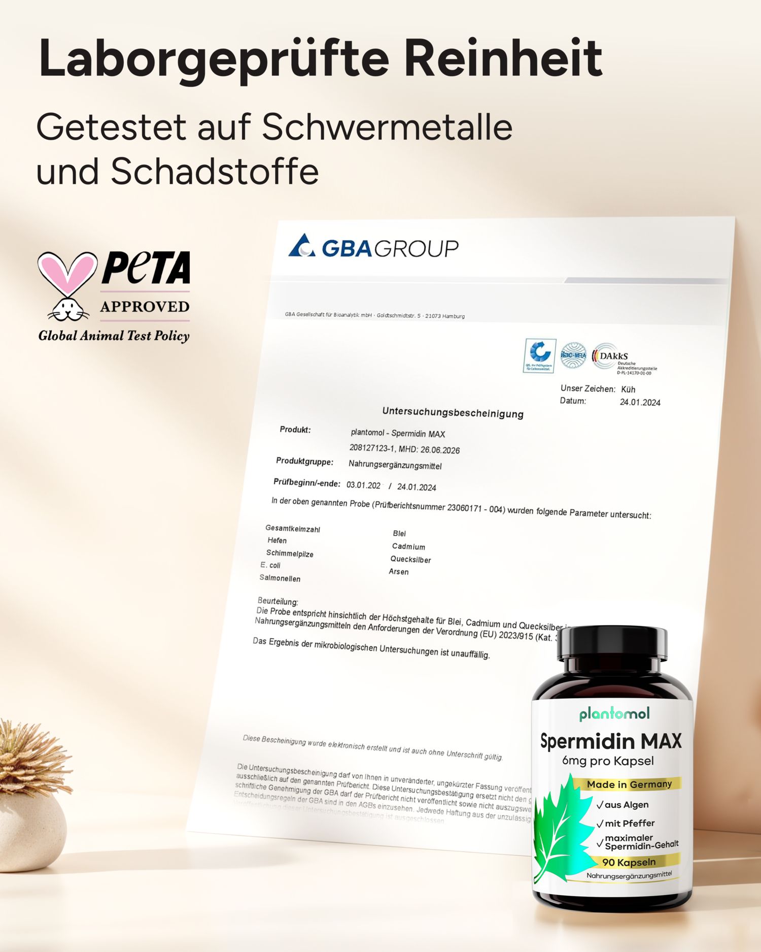 Laborgeprüfte Reinheit. PETA-Siegel. GBA-Zertifikat. Flasche mit plantomol® Spermidin MAX. 90 Kapseln.