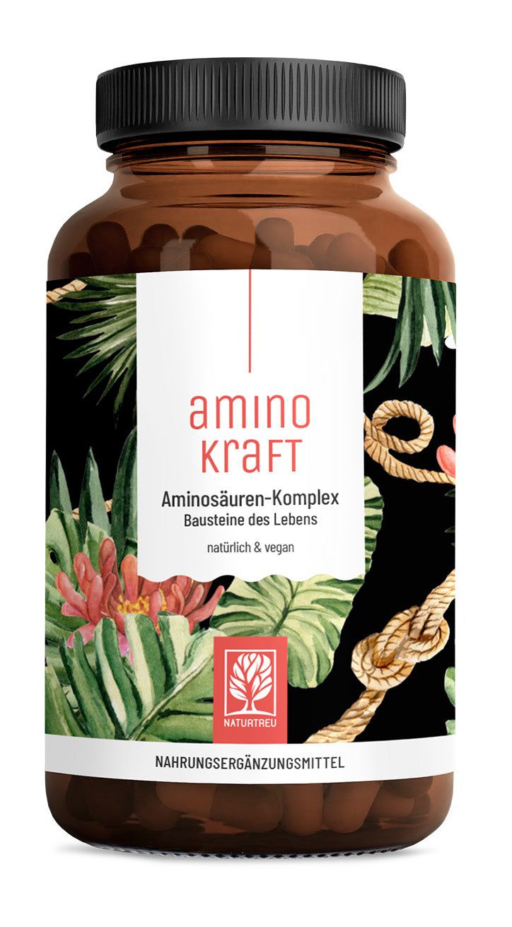 Braune Flasche mit schwarzen Deckel. Etikett mit "aminokraft" und "Aminosäuren-Komplex". Natürliche und vegane Nahrungsergänzungsmittel.