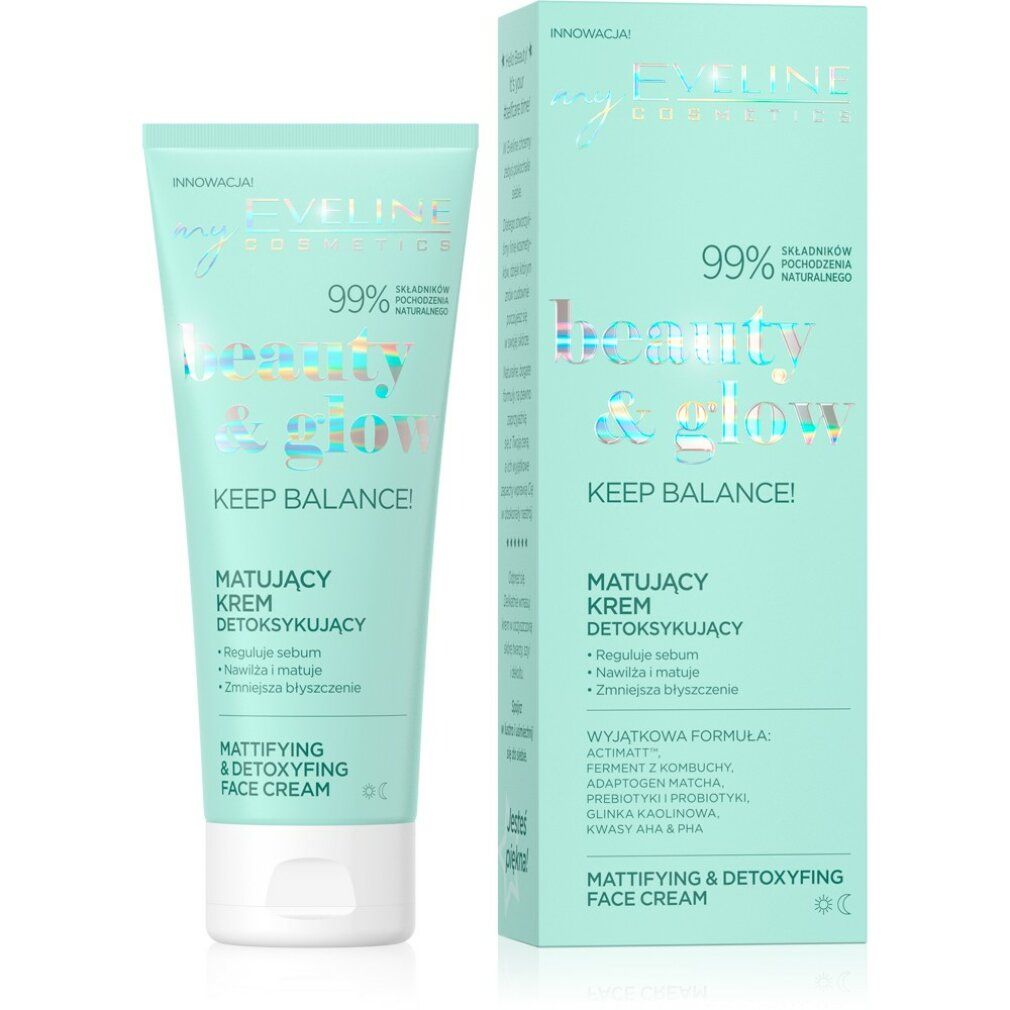 Türkisgrüne Tube und Schachtel mit Produktinformationen. Aufschrift: Beauty & Glow, Mattifying & Detoxyfing Face Cream.