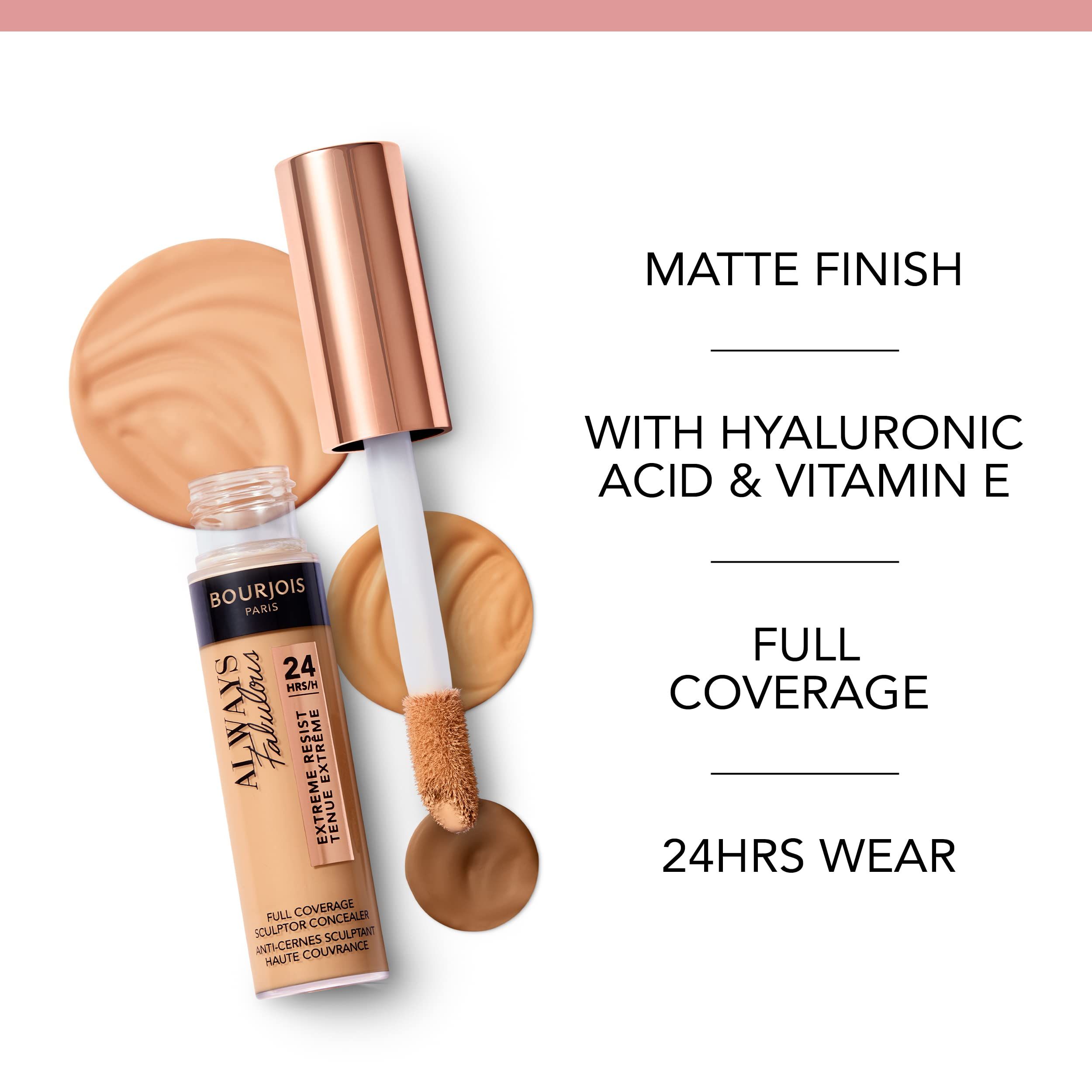 Concealer-Fläschchen, Swatches und Text. Goldbeige Farbton. Marke Bourjois. Text: Always Fabulous, 24H, Extreme Resist.