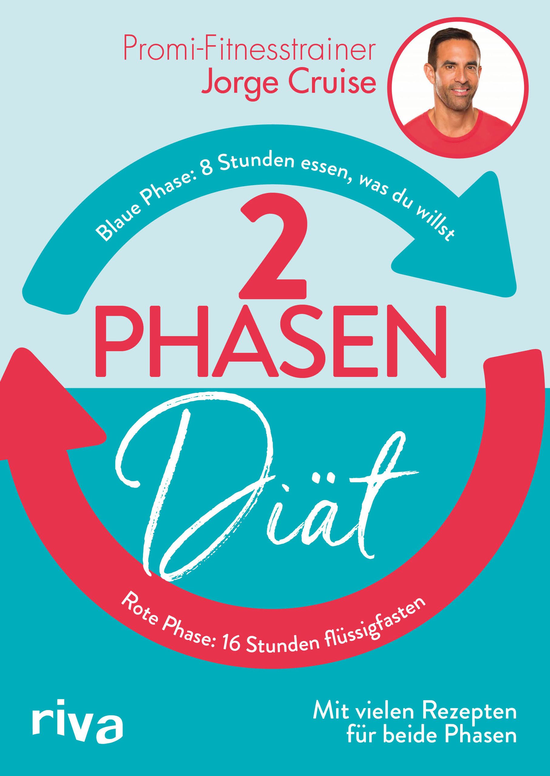 Buchcover mit Titel "2 Phasen Diät". Autor Jorge Cruise. Blaue und rote Pfeile mit Text. Riva-Verlag Logo.