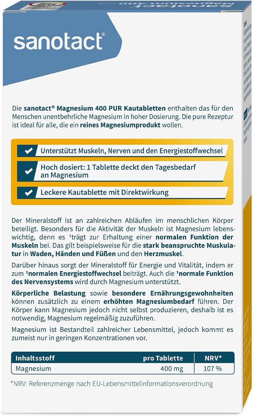 Rückseite der sanotact Magnesium 400 Packung. Textabschnitte mit Informationen zu Inhaltsstoffen und Vorteilen. Tabelle mit Nährwertangaben.