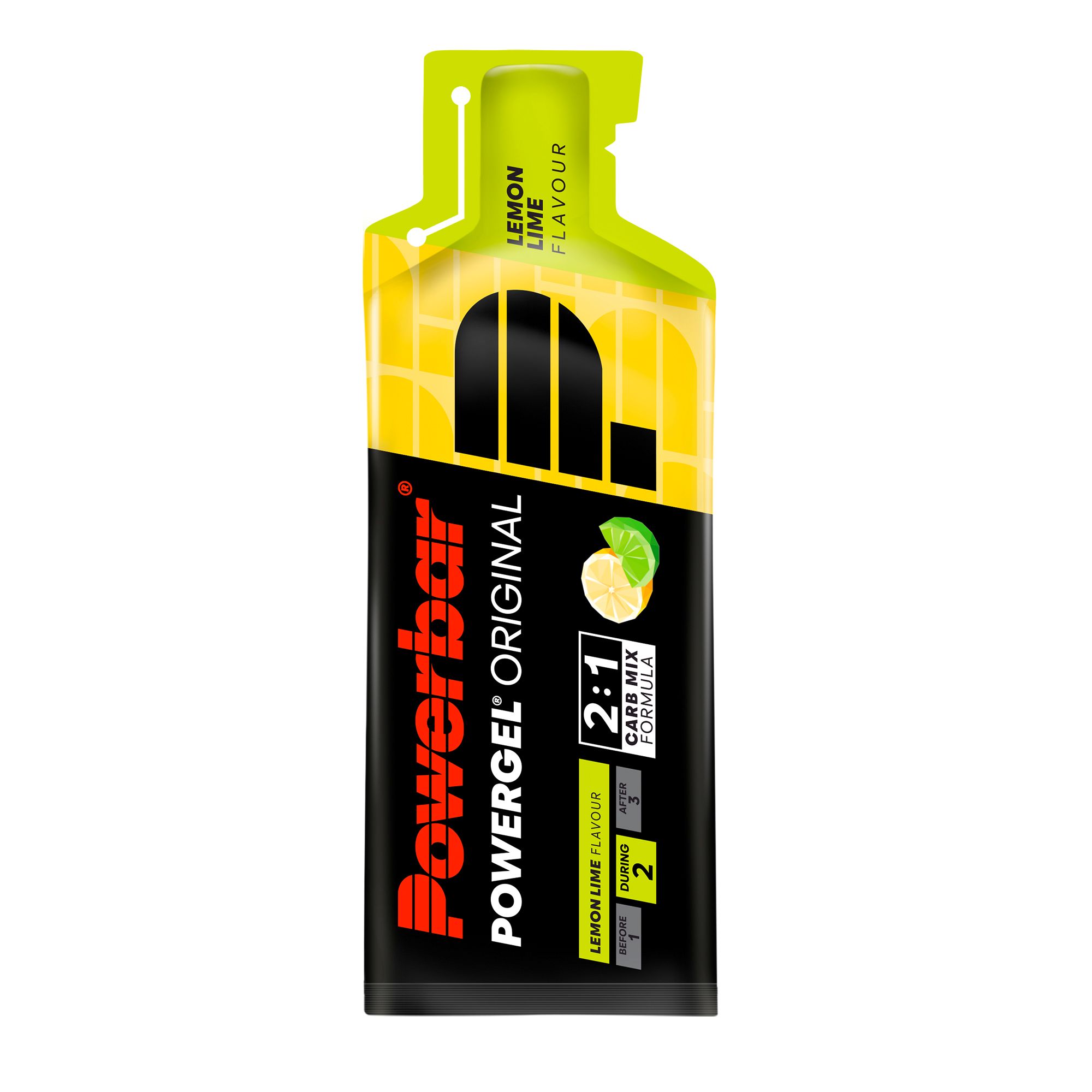 Powerbar PowerGel Original Lemon Lime. Gel-Packung mit gelbem und schwarzem Design. Aufschrift: Lemon Lime Flavour.