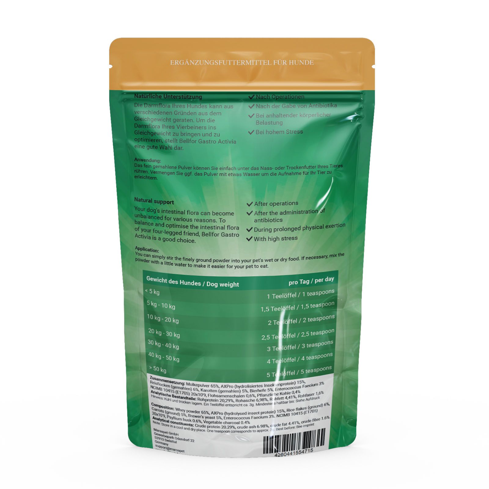 Rückseite der Bellfor Gastro Activia Pulver-Verpackung. Text in Deutsch. Enthält Informationen zu Inhaltsstoffen und Anwendung.