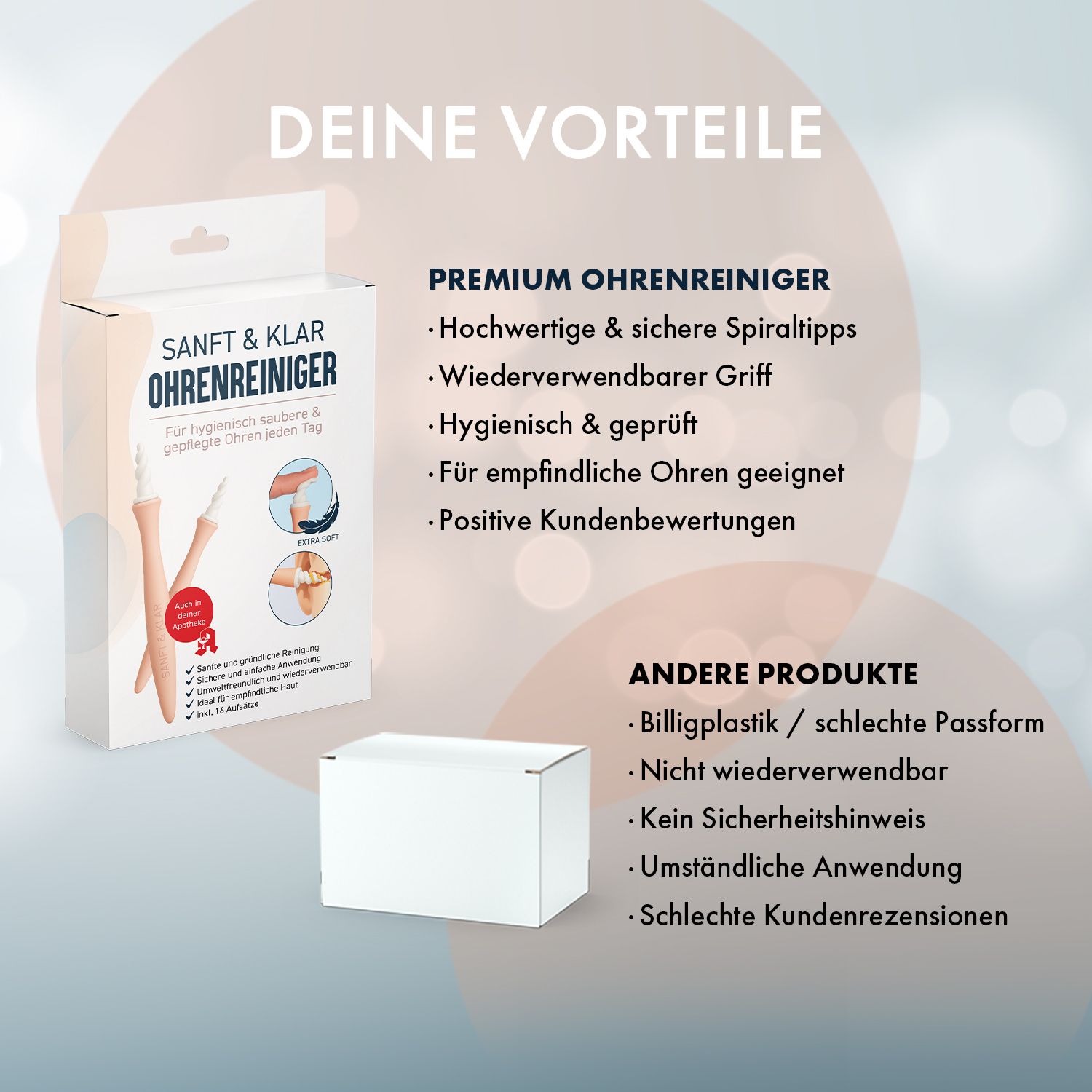 Verpackung mit Ohrenreiniger. Text: SANFT & KLAR OHRENREINIGER. Text: PREMIUM Ohrenreiniger. Weitere Produkte werden verglichen.