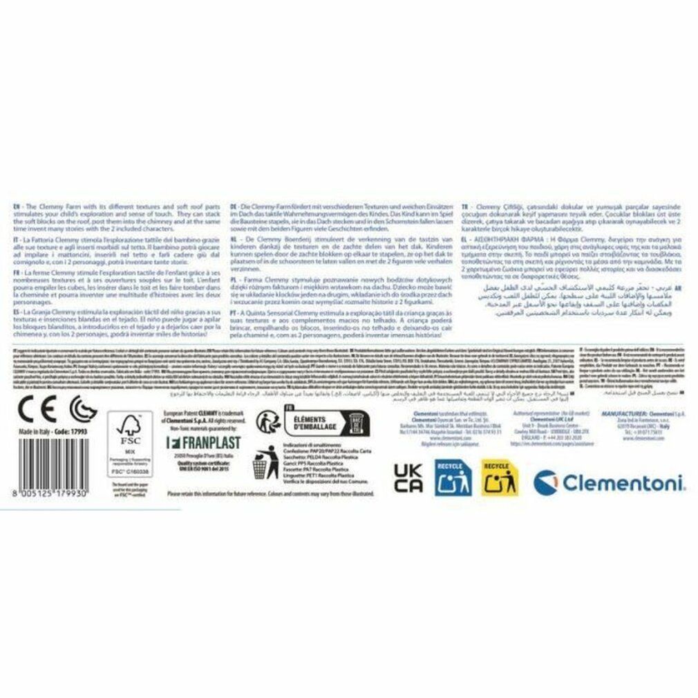 Rückseite der Verpackung. Text in mehreren Sprachen. Logos: CE, FSC, Franplast, Recycling-Symbole, UKCA, Clementoni.