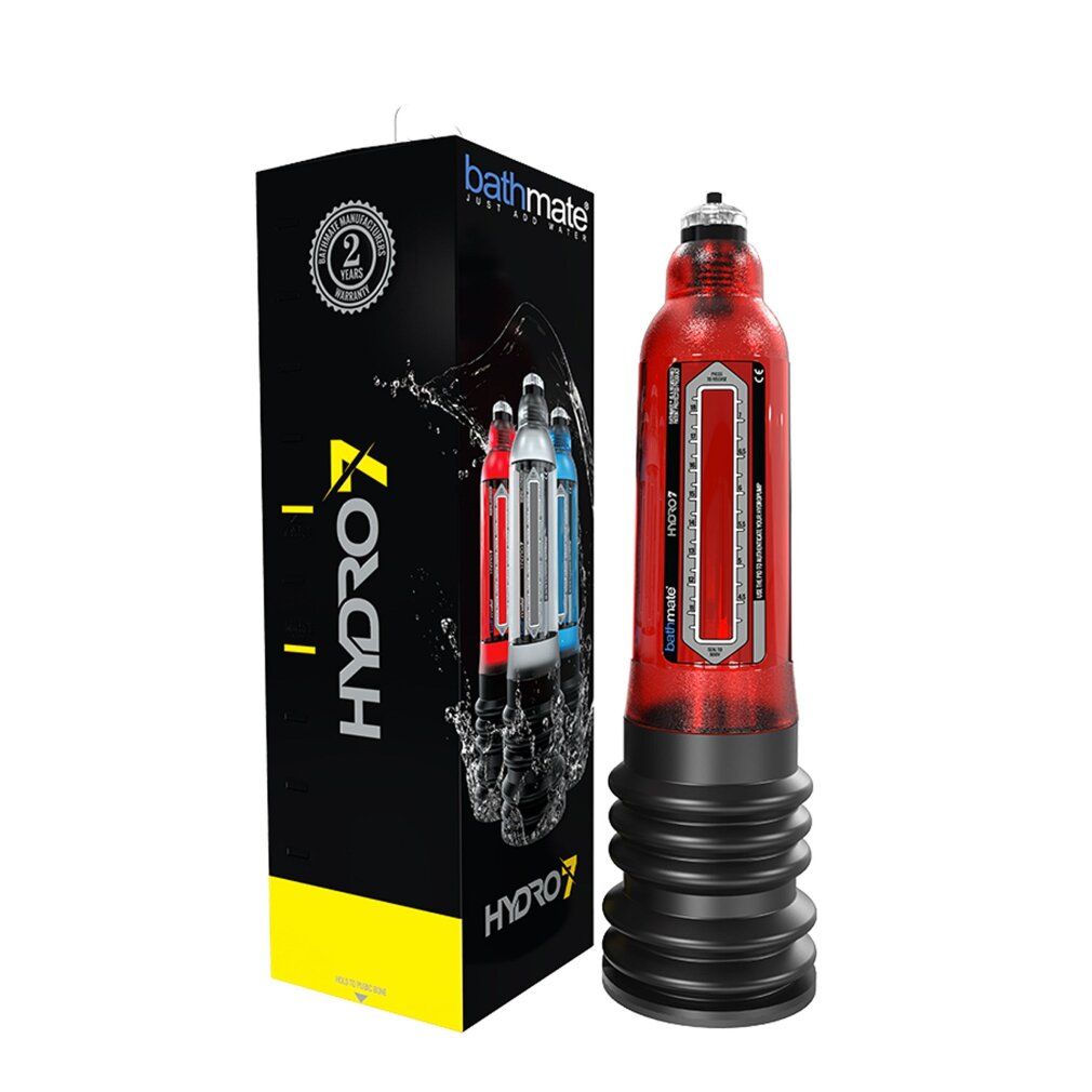 Penispumpe mit Verpackung. Schwarze Box mit Produktabbildung. Rote Penispumpe mit schwarzem Sockel.