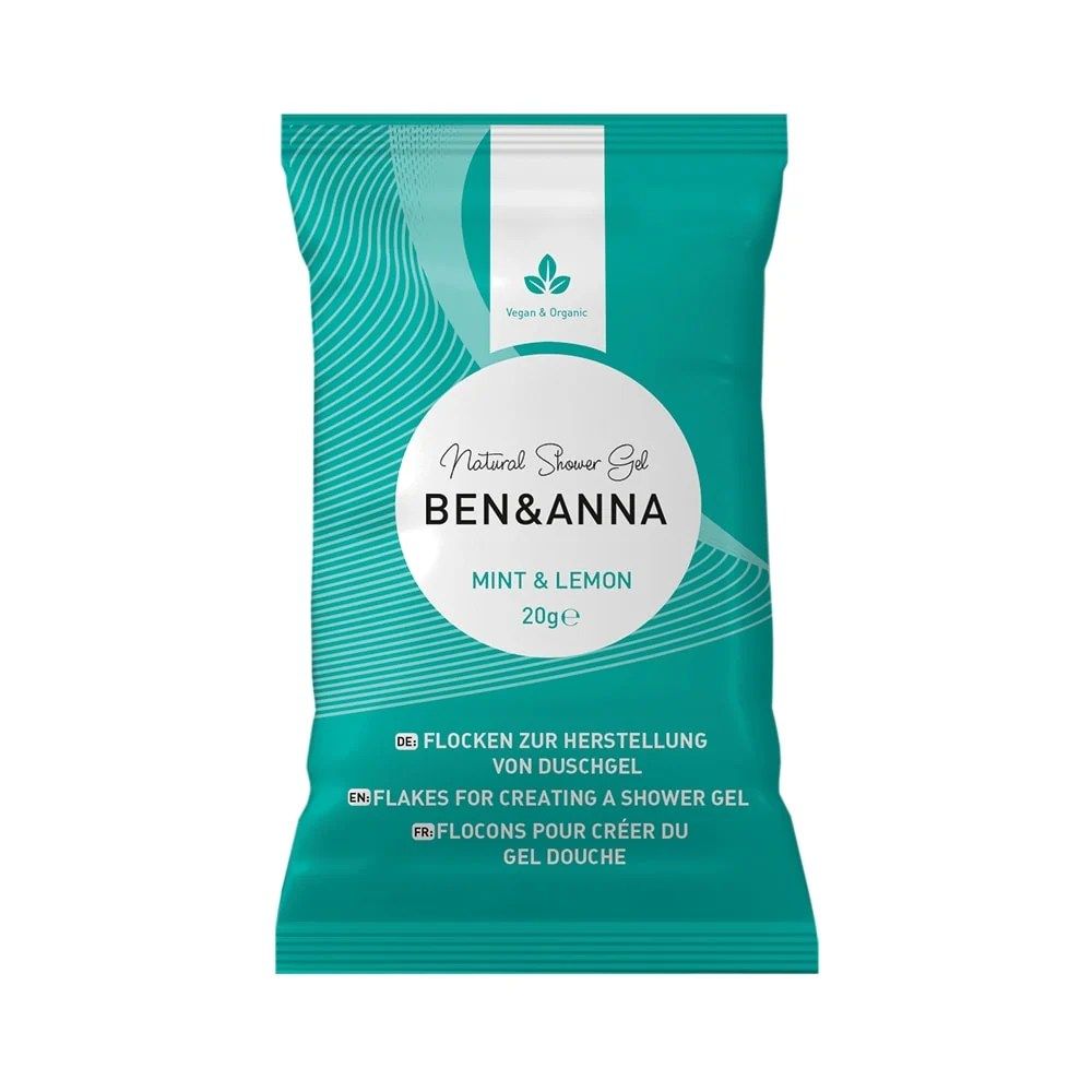 Türkisgrüne Beutel mit Text: Ben & Anna, Mint & Lemon, Natural Shower Gel. Enthält Flocken zur Herstellung von Duschgel.