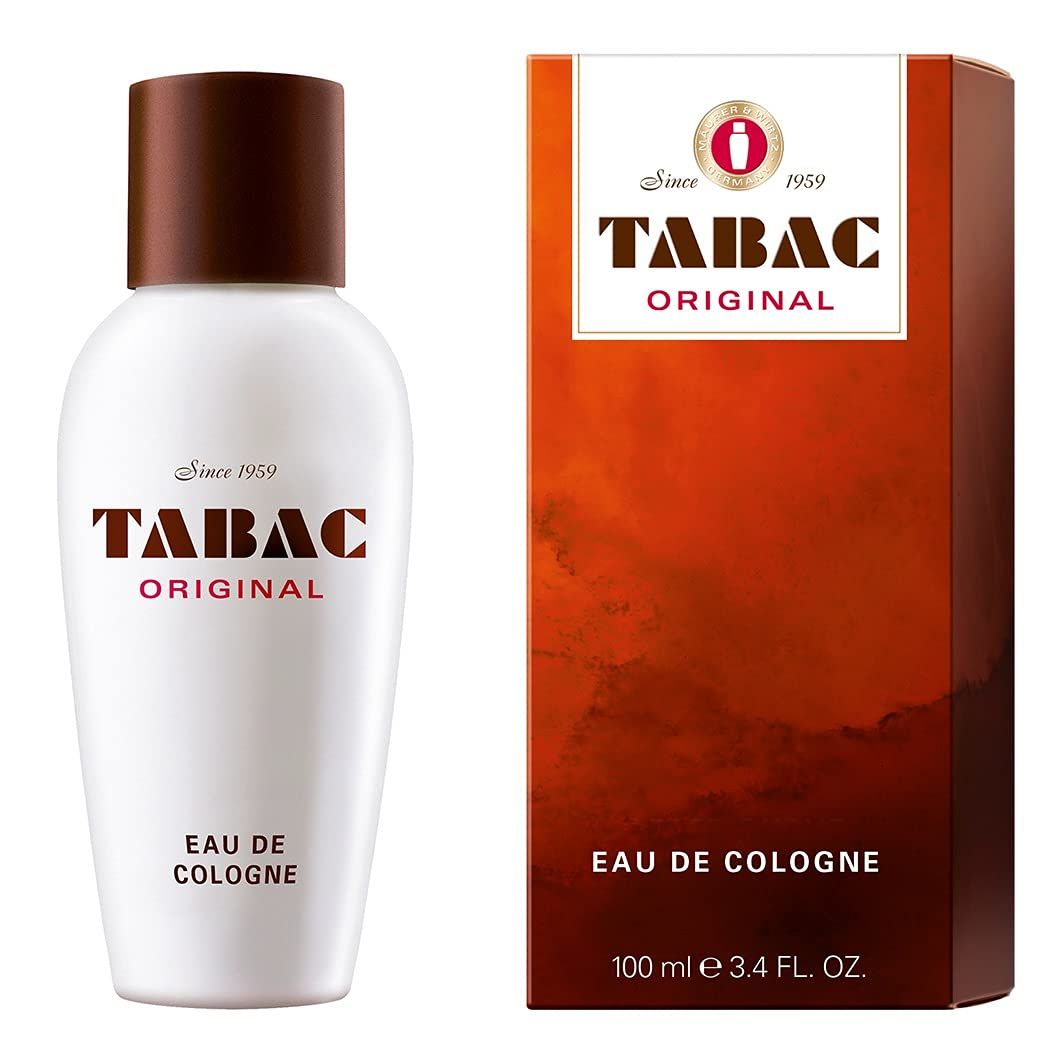 Tabac Original Eau de Cologne Flasche und Verpackung. Rote Box mit Produktinformationen. 100 ml.