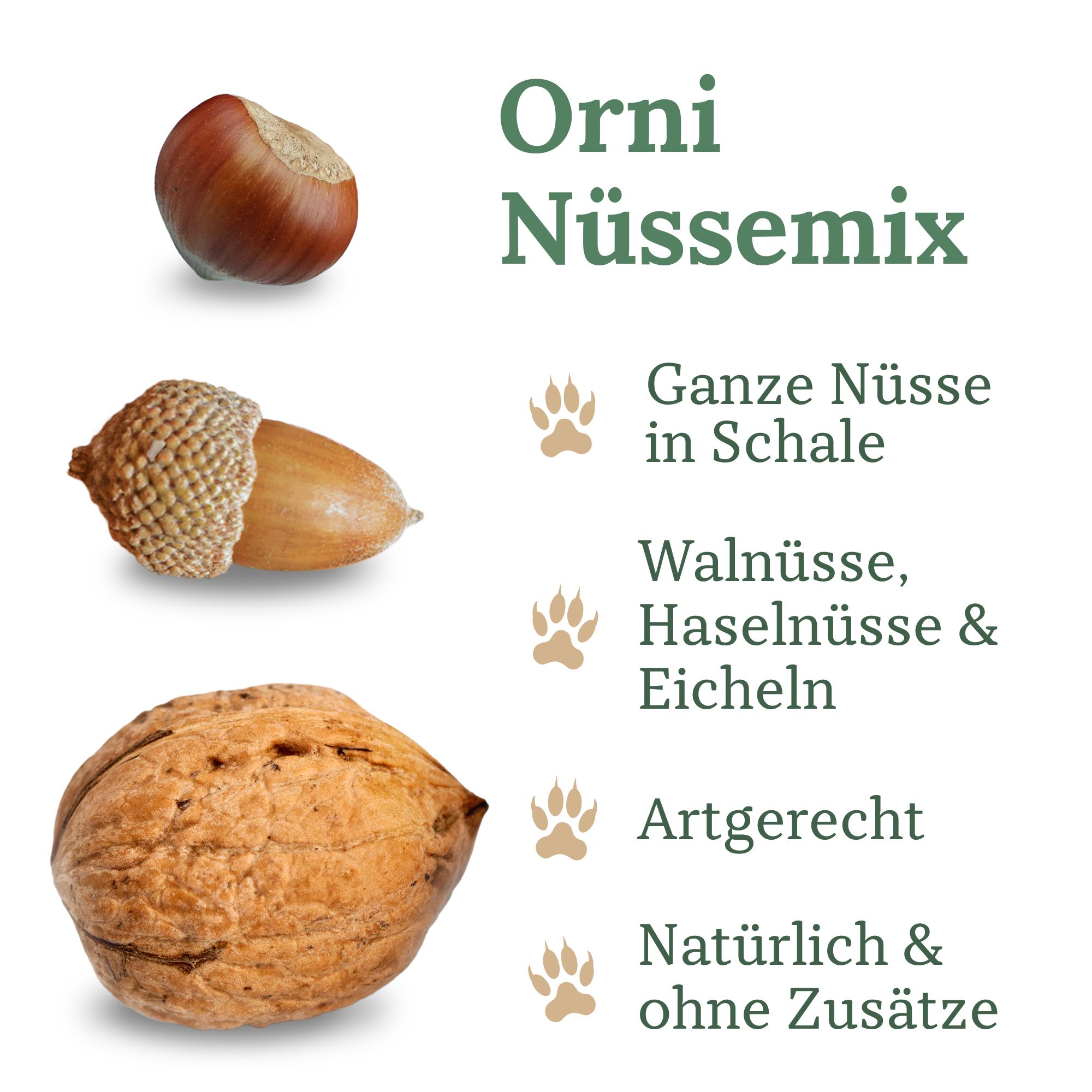 Orni Nüsse-Mix. Abgebildet: Walnuss, Haselnuss, Eichel. Text: Ganze Nüsse in Schale, Walnüsse, Haselnüsse & Eicheln.