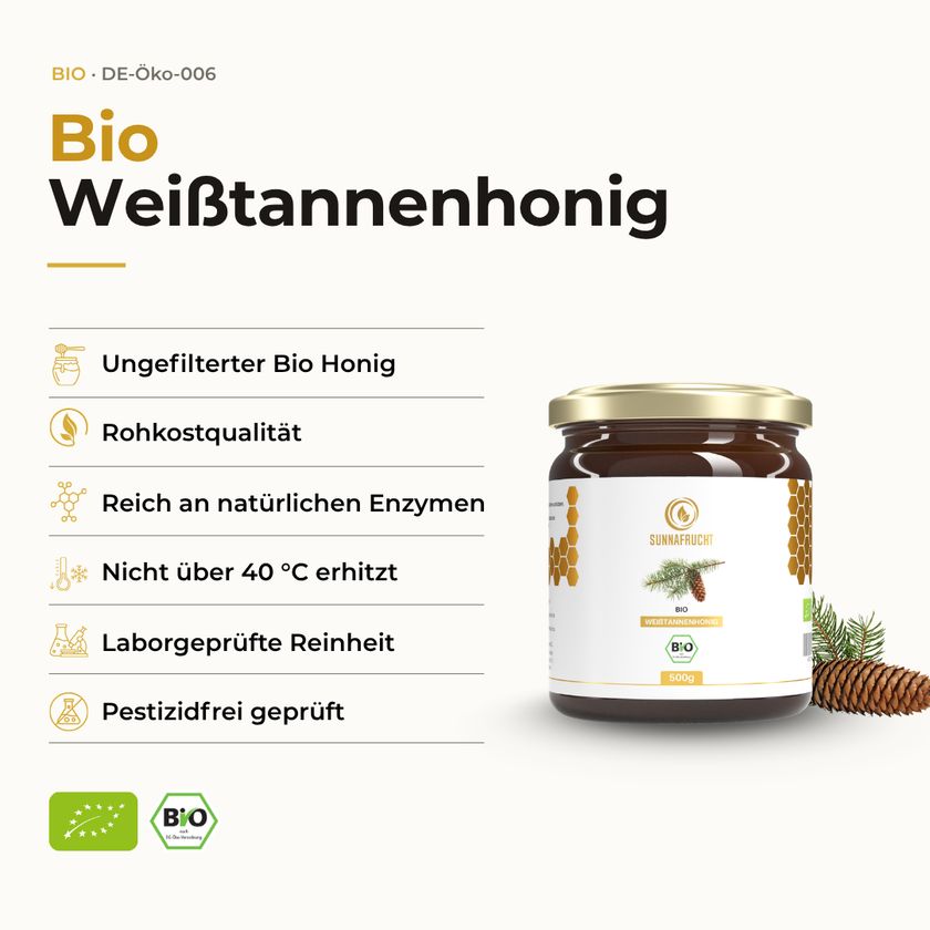 Glas SUNNAFRUCHT® Bio Weißtannenhonig, 500g. Liste von Produkteigenschaften wie ungefiltert, Rohkostqualität, laborgeprüft.