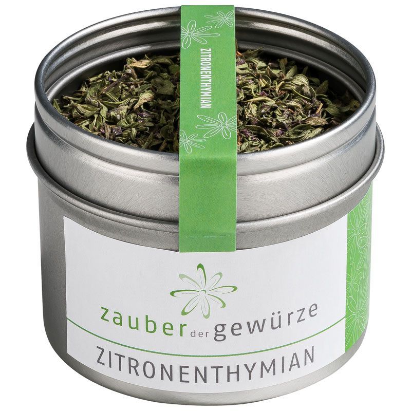 Zitronenthymian in Dose. Metallbehälter mit Etikett und grünem Band. Aufschrift: Zauber der Gewürze Zitronenthymian.