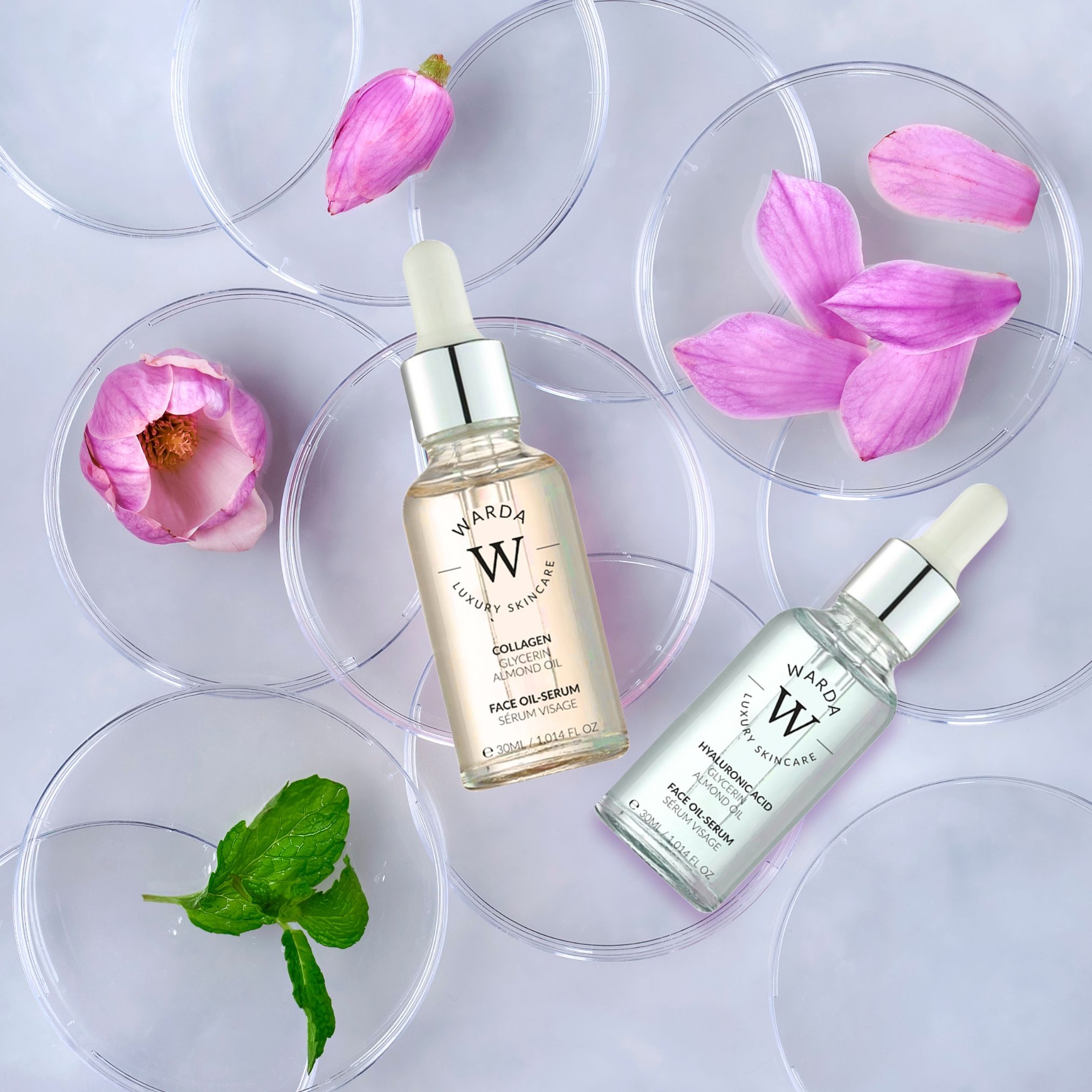 Zwei Flaschen Warda Gesichtsserum. Eine Flasche enthält Collagen, Glycerin und Mandelöl. Die andere enthält Hyaluronsäure, Glycerin und Mandelöl. Auf transparenten Untersetzern.