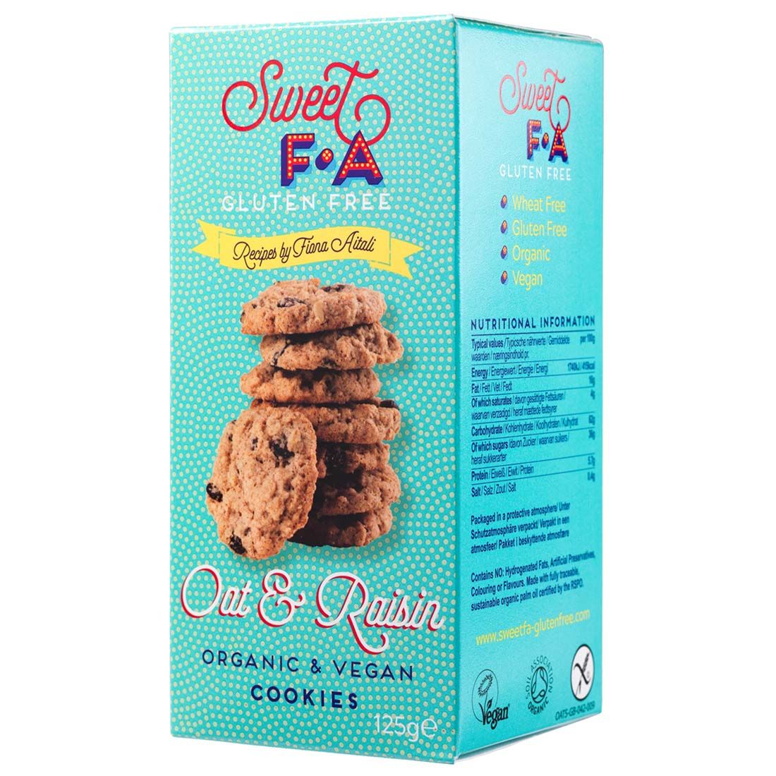 Keksverpackung mit Produktnamen und -merkmalen. Aufschrift: Glutenfrei, vegan, Bio. Zeigt Kekse mit Rosinen.