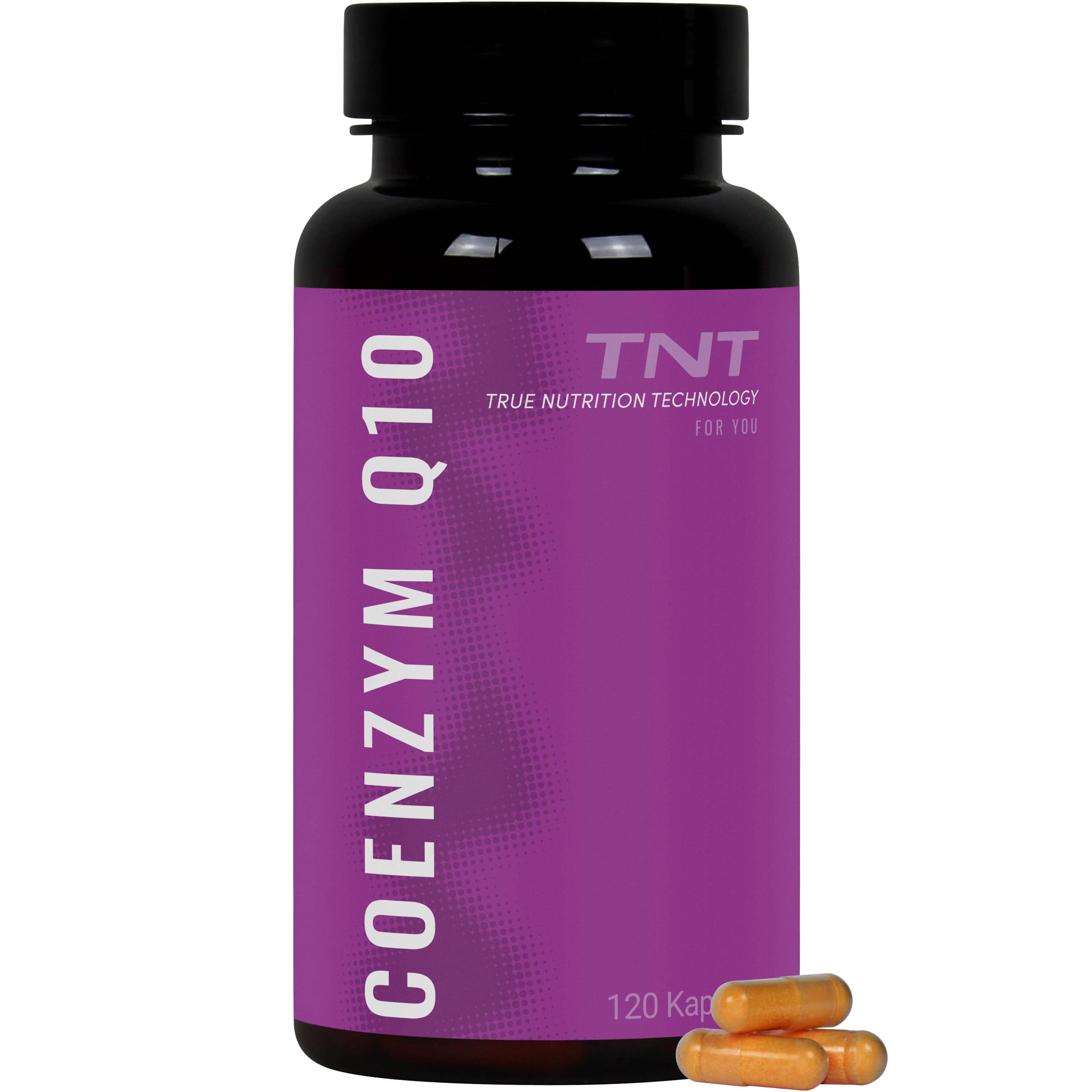 Braune Kapseln neben einer Flasche TNT Coenzym Q10. Flasche mit lila Etikett und schwarzem Deckel. 120 Kapseln.