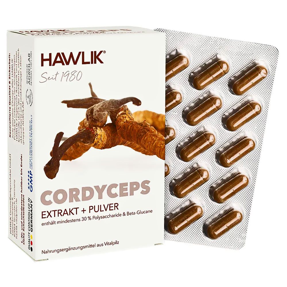 Weiße Verpackung mit braunen Kapseln in Blisterpackung. Aufschrift: HAWLIK, Cordyceps Extrakt + Pulver. Enthält mindestens 30% Polysaccharide & Beta-Glucane.