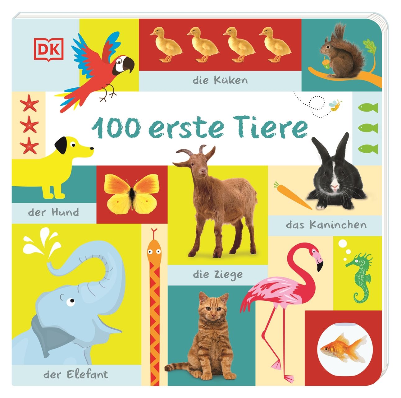 Buch "100 erste Tiere" mit bunten Tierillustrationen. Auf dem Cover: Papagei, Küken, Eichhörnchen, Hund, Schmetterling, Ziege, Kaninchen.