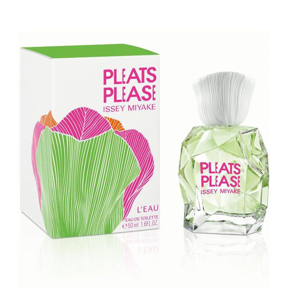 Flakon und Verpackung. Verpackung mit floralem Design. Aufschrift: PLEATS PLEASE ISSEY MIYAKE.