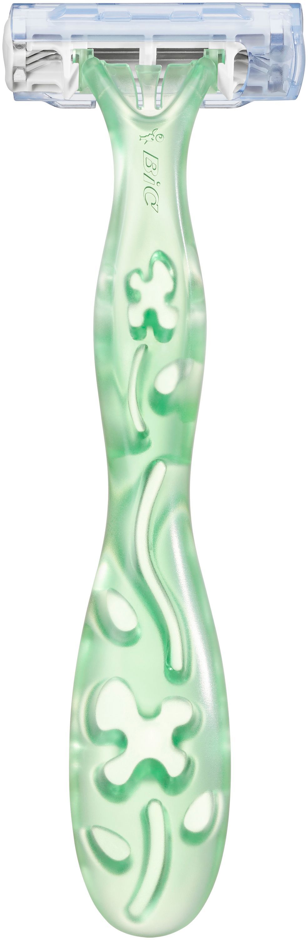 BIC Miss Soleil Sensitive Rasierer. Grüner Griff mit floralem Design. Rasierkopf mit drei Klingen und transparentem Schutz.