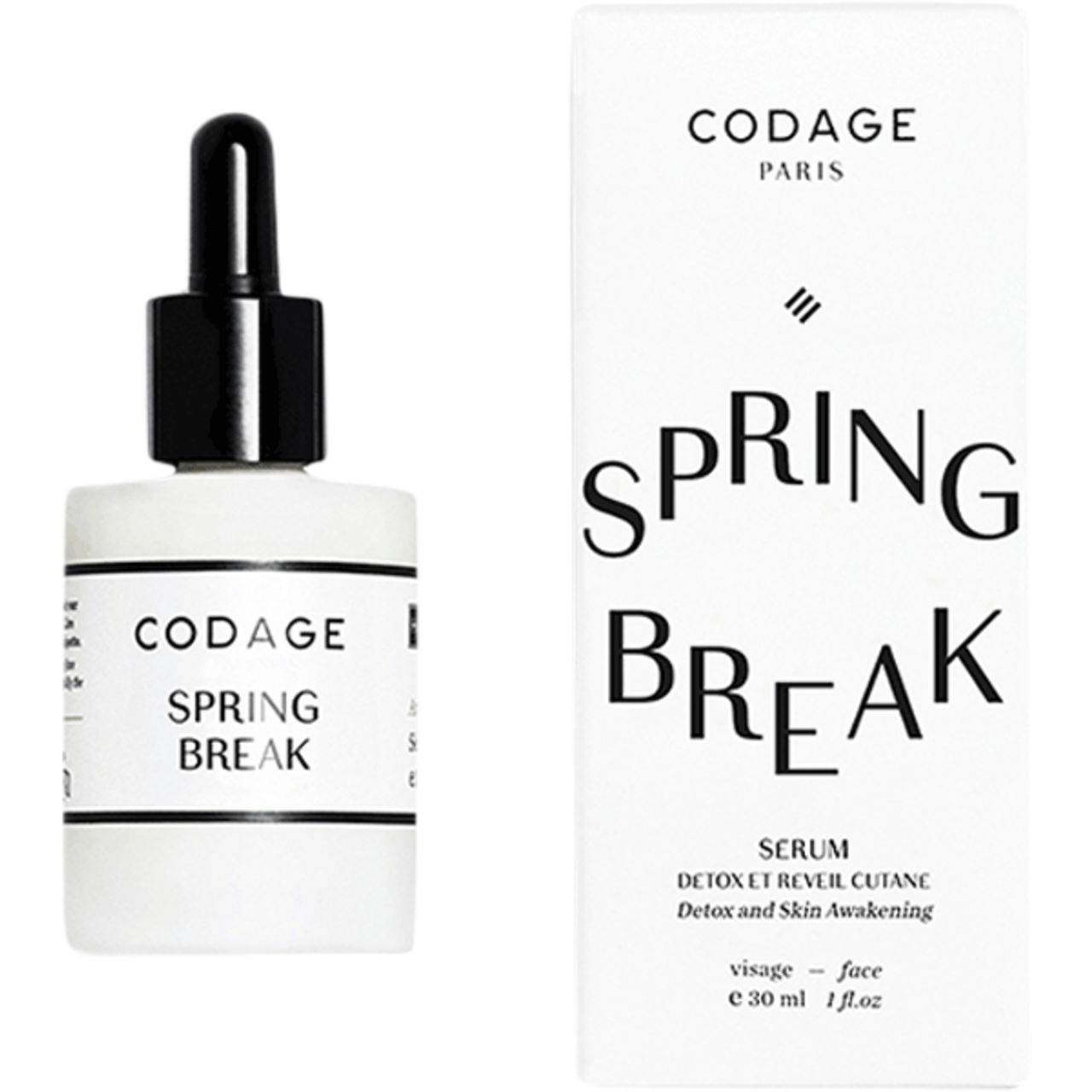 Weißes Serumfläschchen mit schwarzer Pipette und weißer Verpackung. Aufschrift: Codage, Spring Break, Serum.
