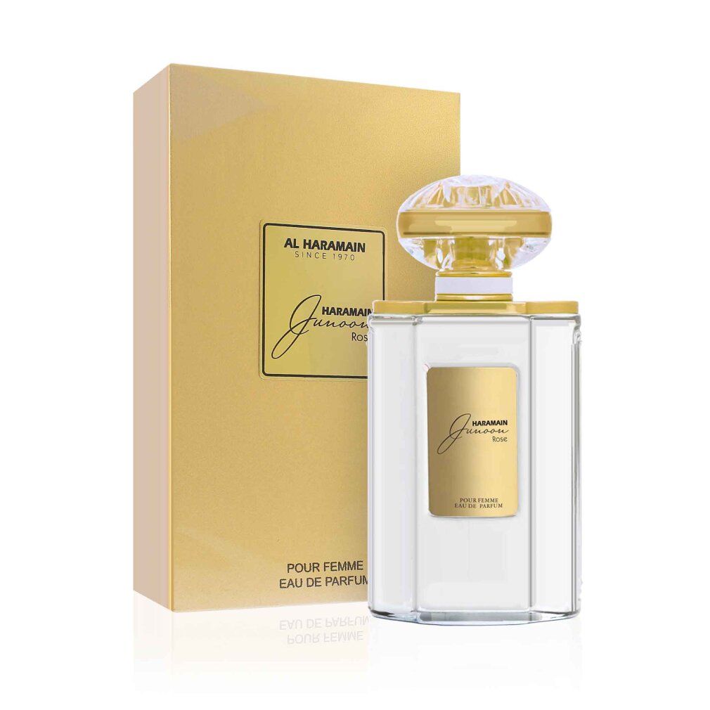 Transparente Parfumflasche mit goldener Kappe und goldener Verpackung. Aufschrift: Al Haramain Junoon Rose.