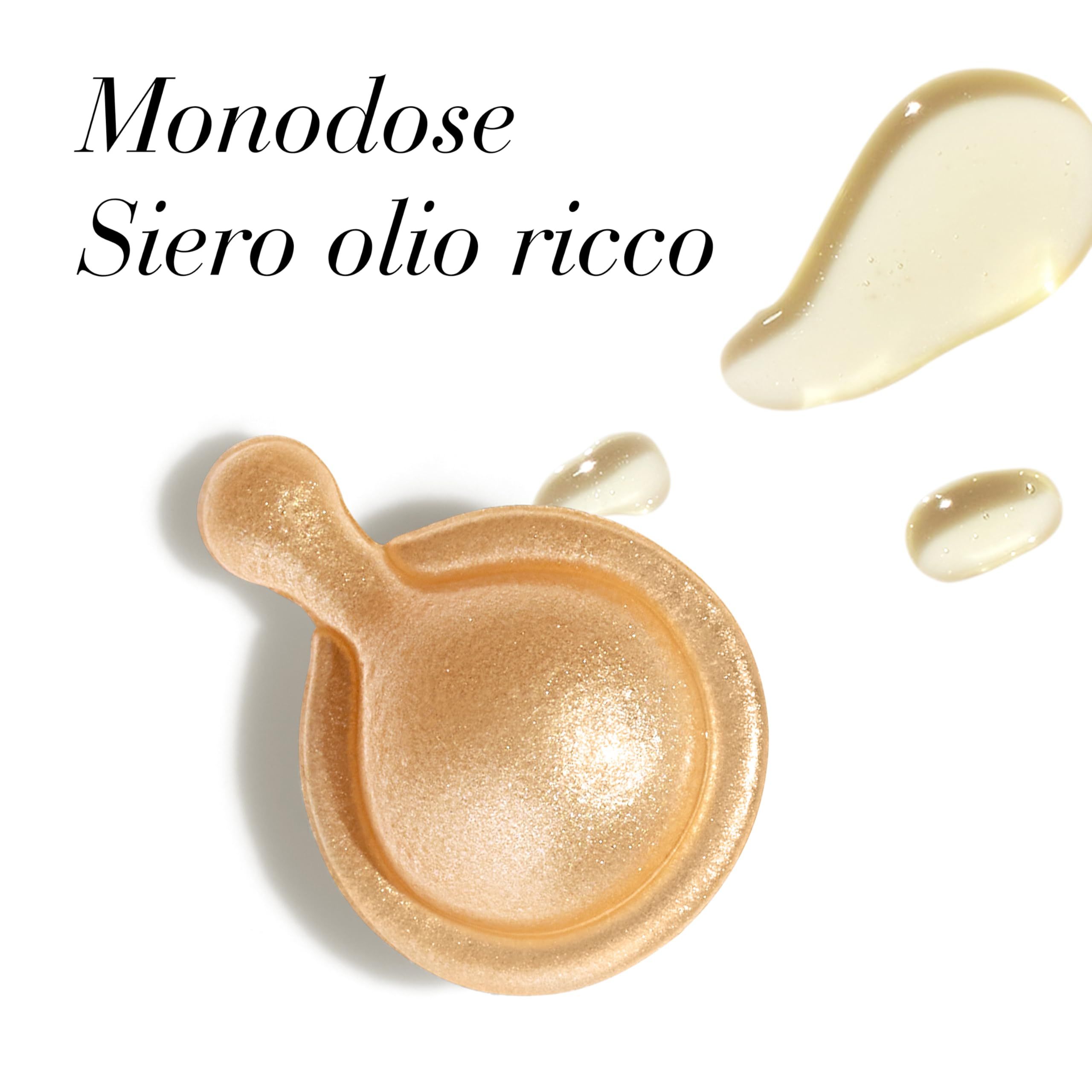 Goldfarbene Kapsel und Serum. Text: Monodosis, Siero olio ricco.