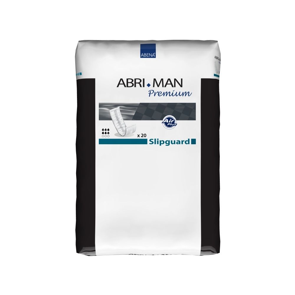 Verpackung mit 'ABENA ABRI-MAN Premium Slipguard'. Produktabbildung. Text: 'x20'. Logo 'Air Plus'.