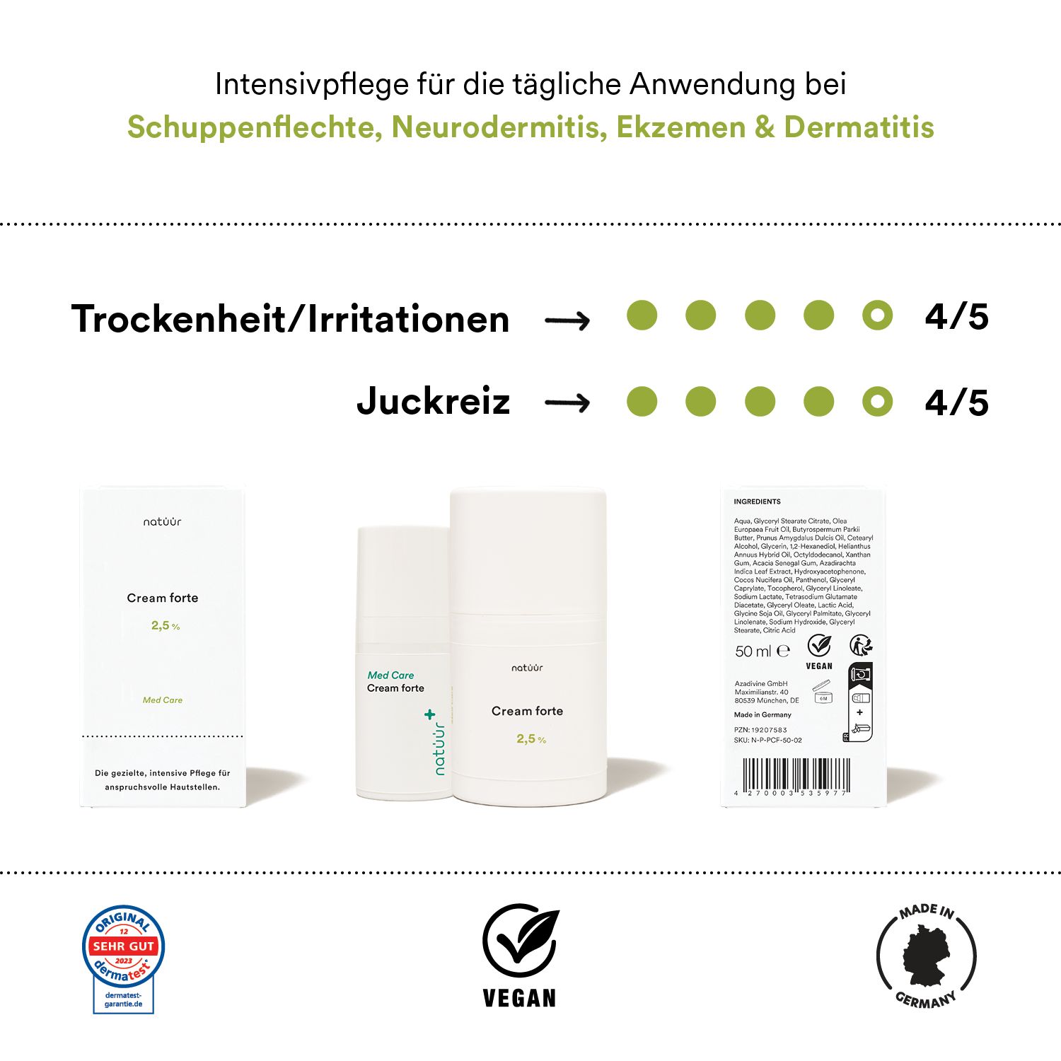 Produktabbildungen, Text: Intensivpflege, Trockenheit/Irritationen, Juckreiz, Vegan-Logo, Made in Germany.